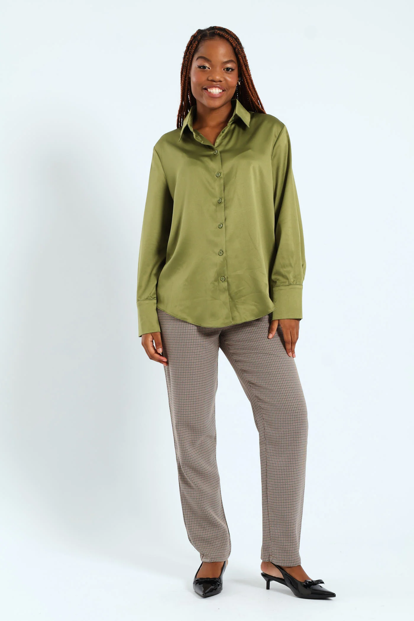 Long Sleeve Satin Button Through Shirt - Green - Image 3