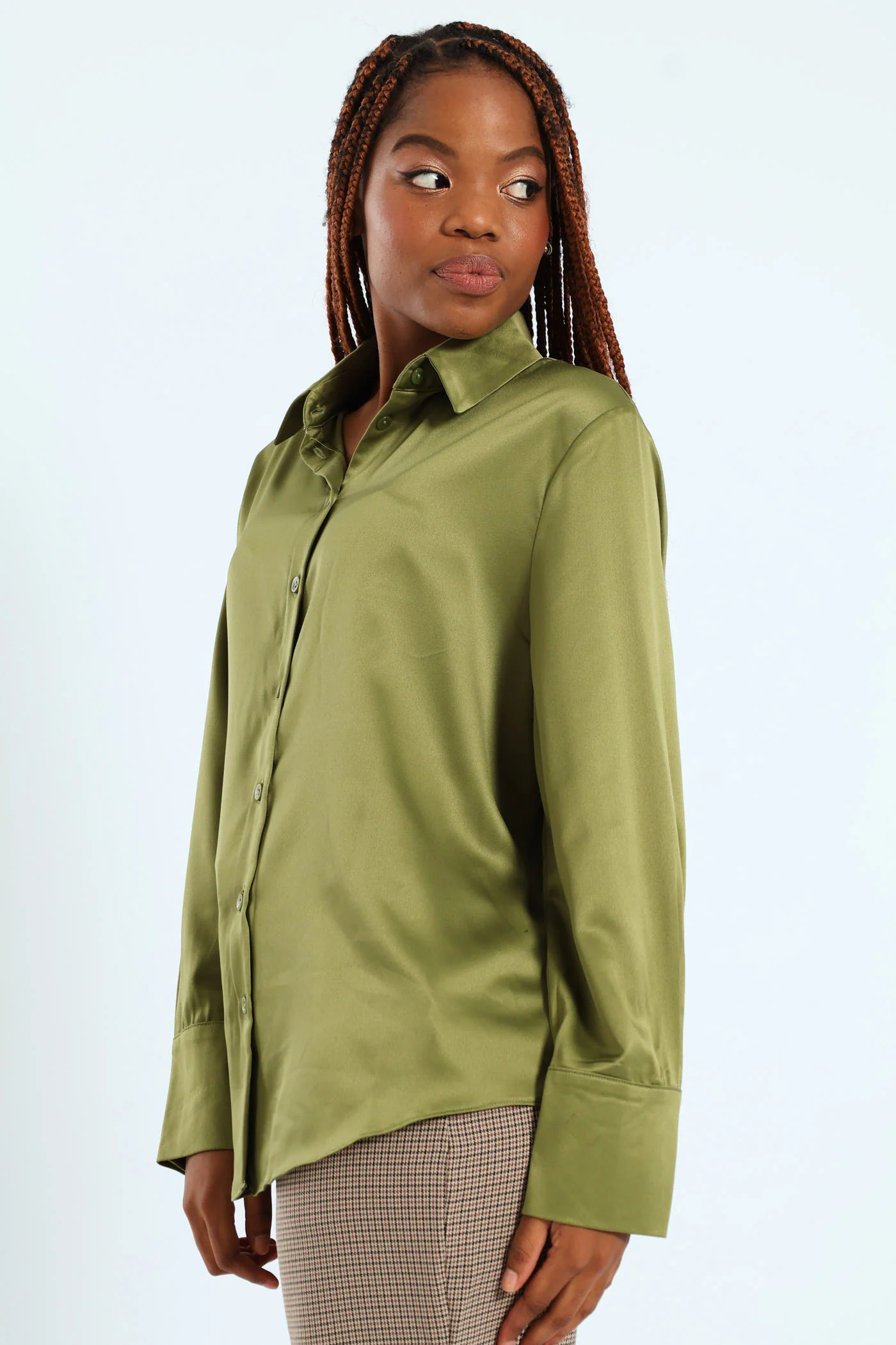 Long Sleeve Satin Button Through Shirt - Green - Image 4