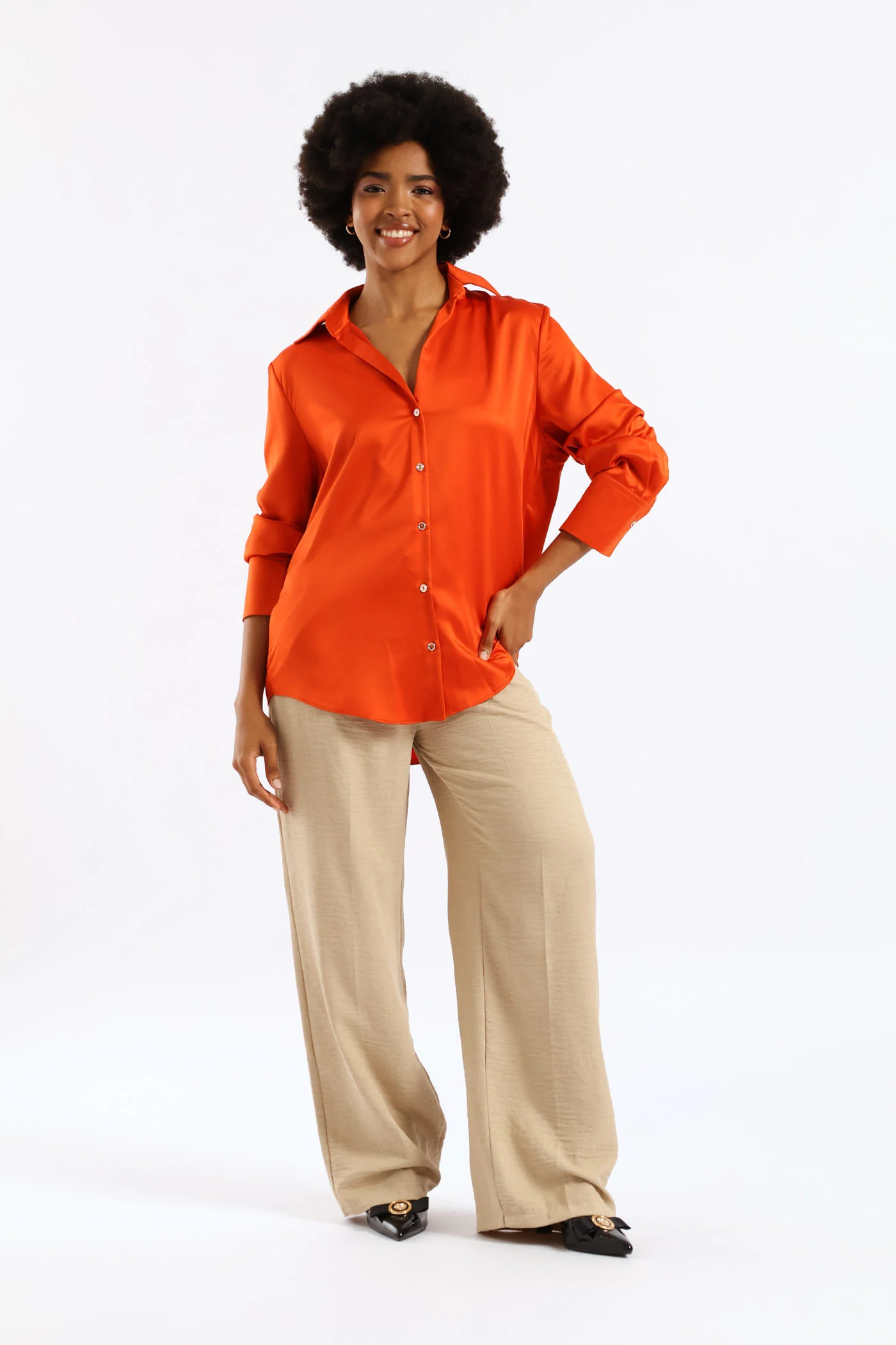 Long Sleeve Satin Button Through Shirt - Orange - Image 2