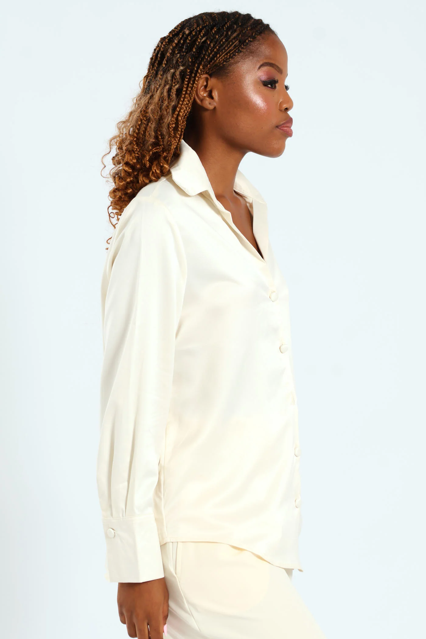Long Sleeve Satin Button Through Shirt - Cream - Image 3