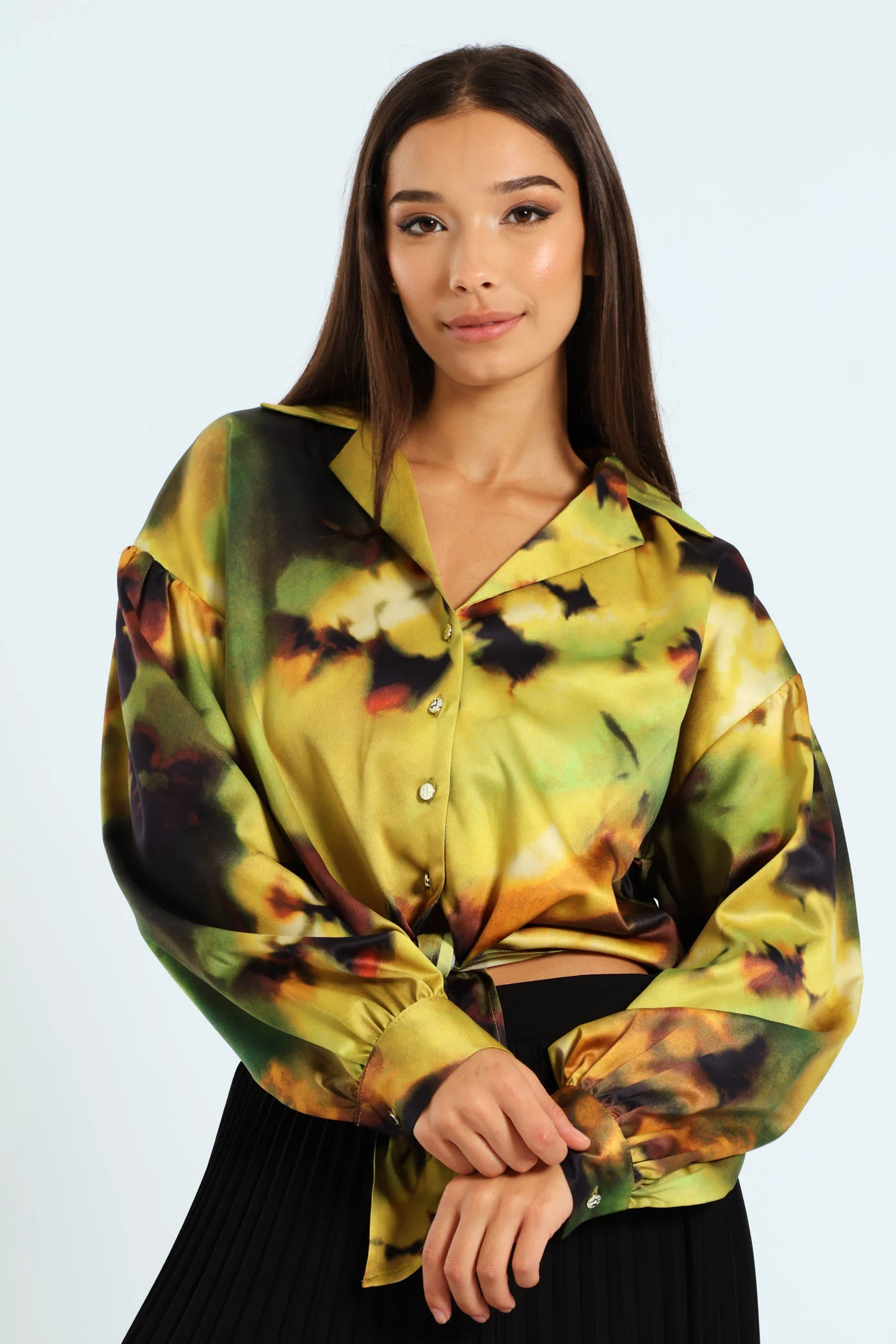 Long Sleeve Satin Cropped Tie Front Shirt - Green