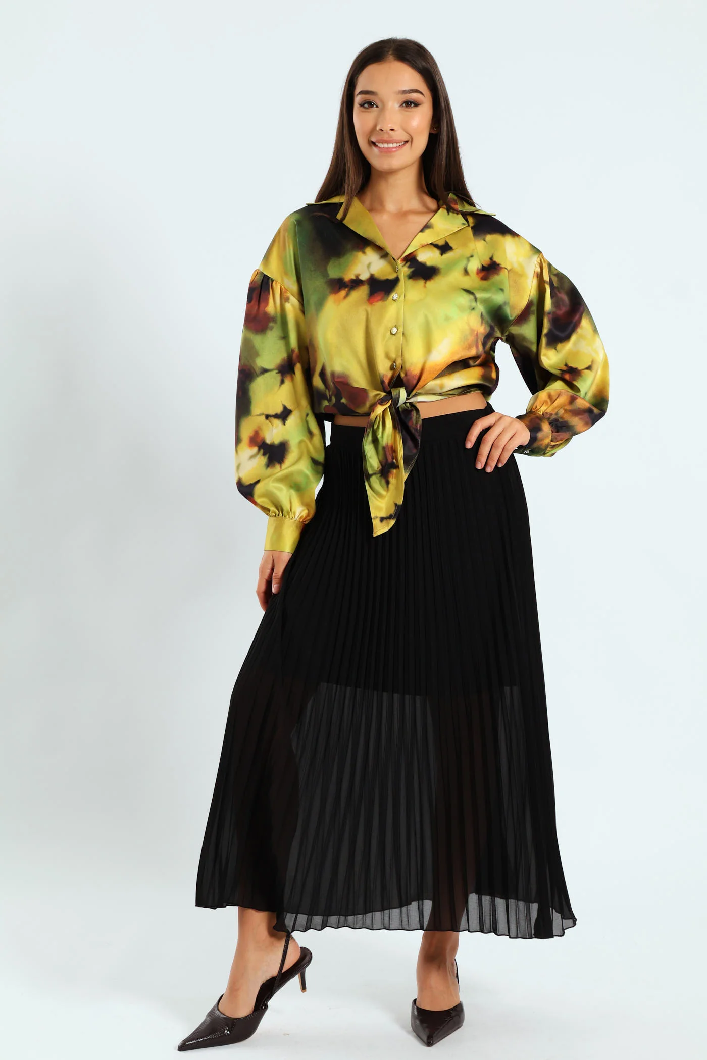Long Sleeve Satin Cropped Tie Front Shirt - Green - Image 2