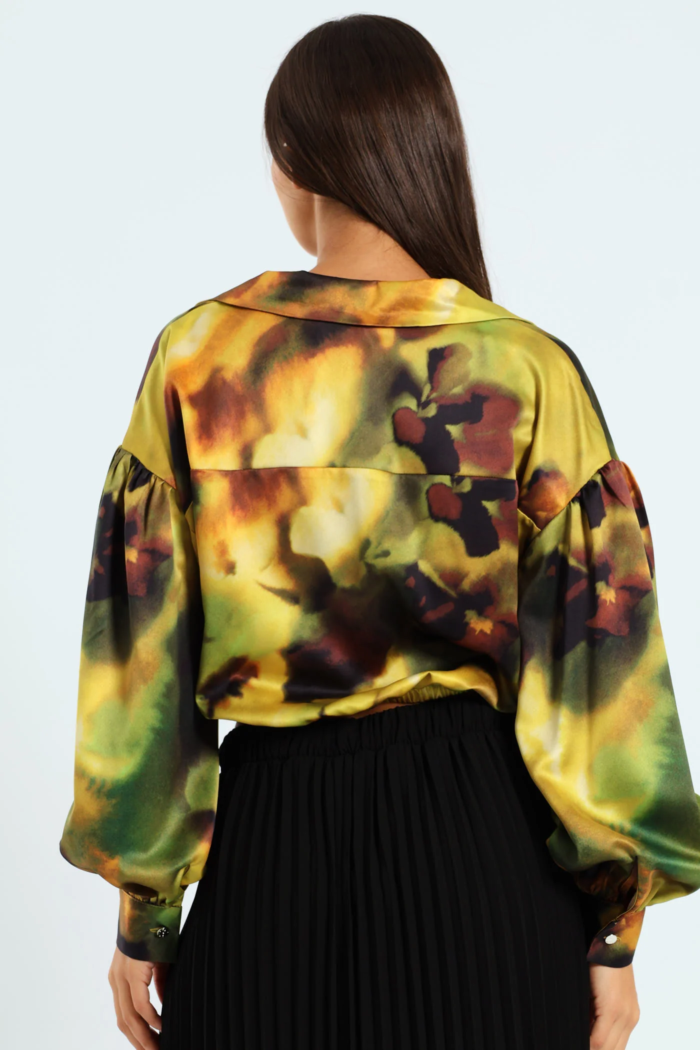 Long Sleeve Satin Cropped Tie Front Shirt - Green - Image 7