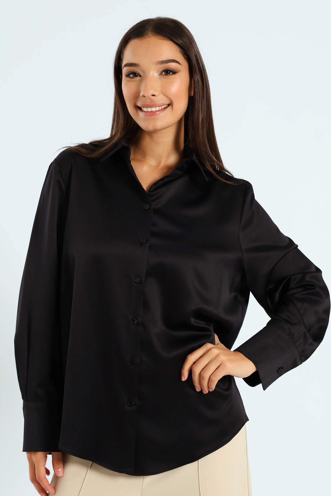 Long Sleeve Satin Shirt - Black