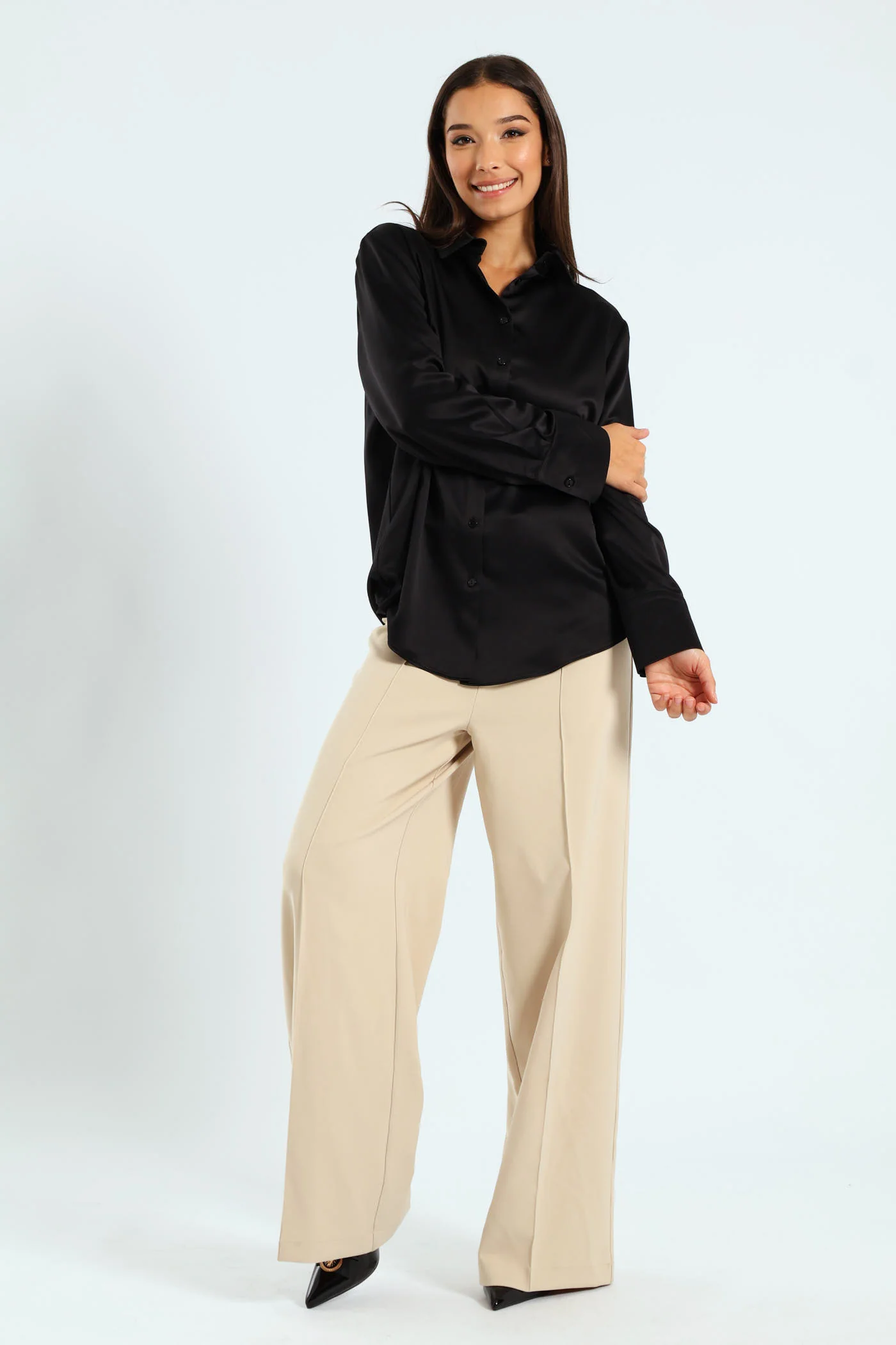 Long Sleeve Satin Shirt - Black - Image 2