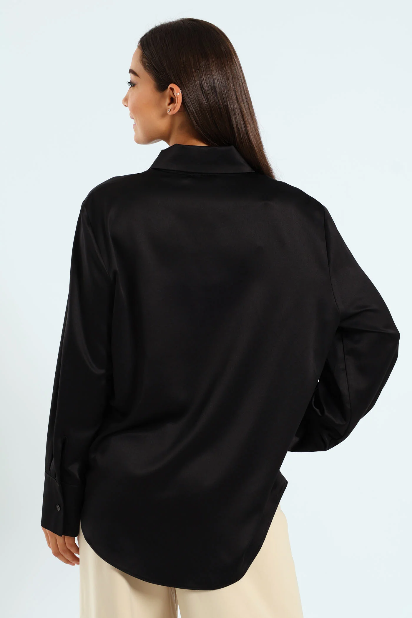 Long Sleeve Satin Shirt - Black - Image 5