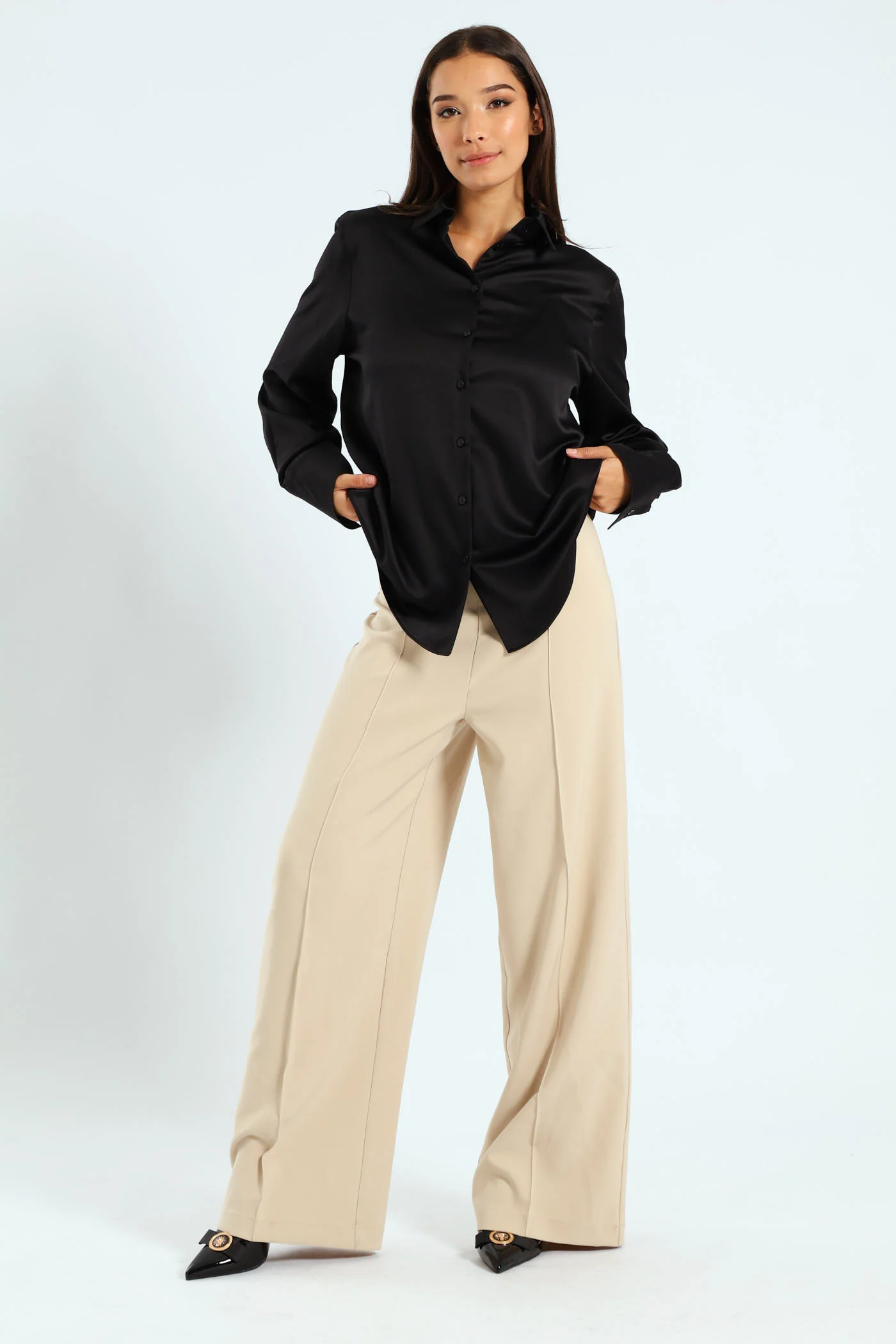 Long Sleeve Satin Shirt - Black - Image 6