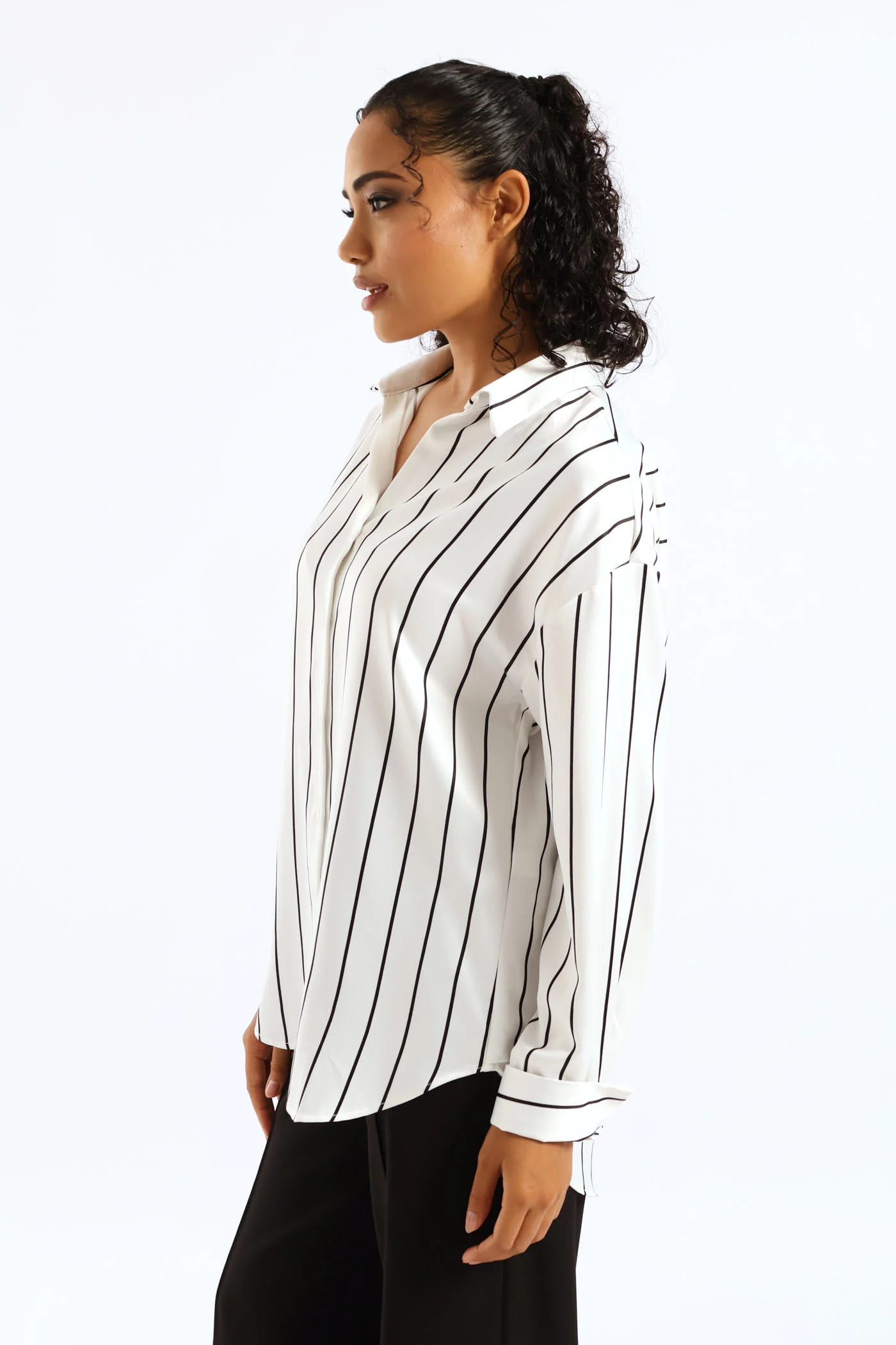Long Sleeve Satin Stripe Shirt - Cream/Black - Image 2