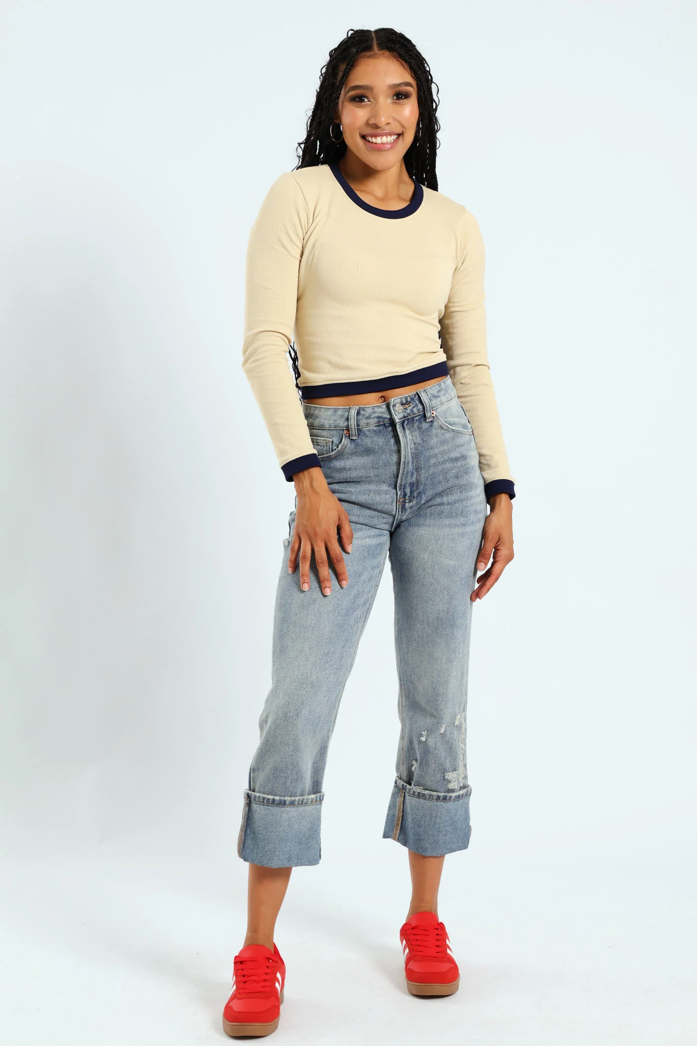 Long Sleeve Seamless Crew Top - Beige - Image 2