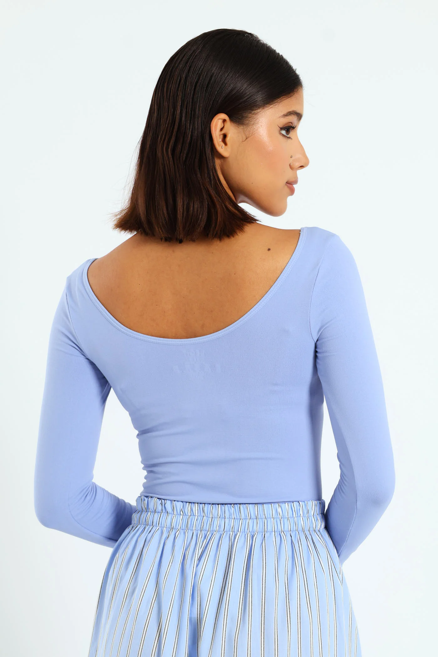Long Sleeve Seamless Open Neck Top - Blue - Image 2