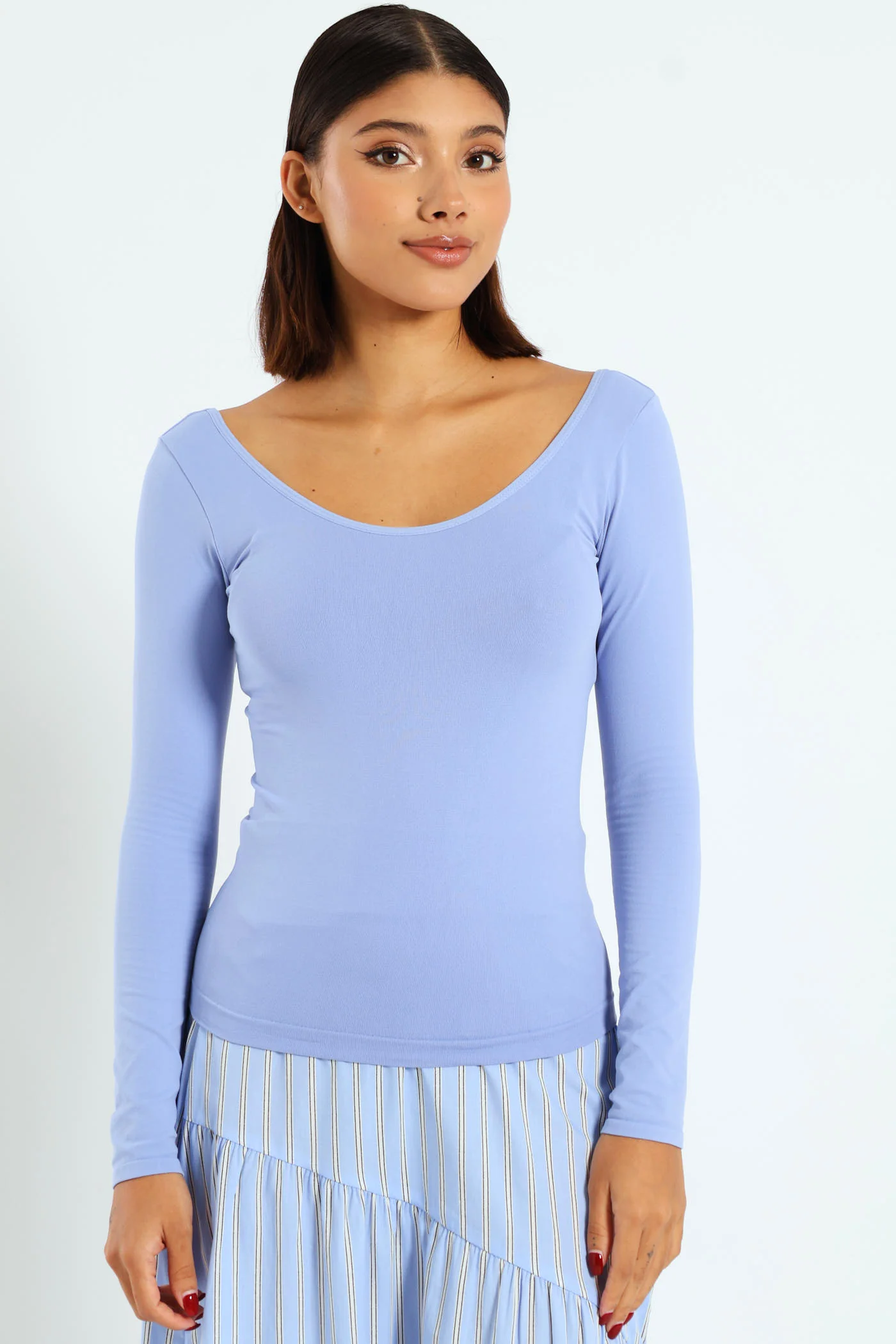 Long Sleeve Seamless Open Neck Top - Blue - Image 5
