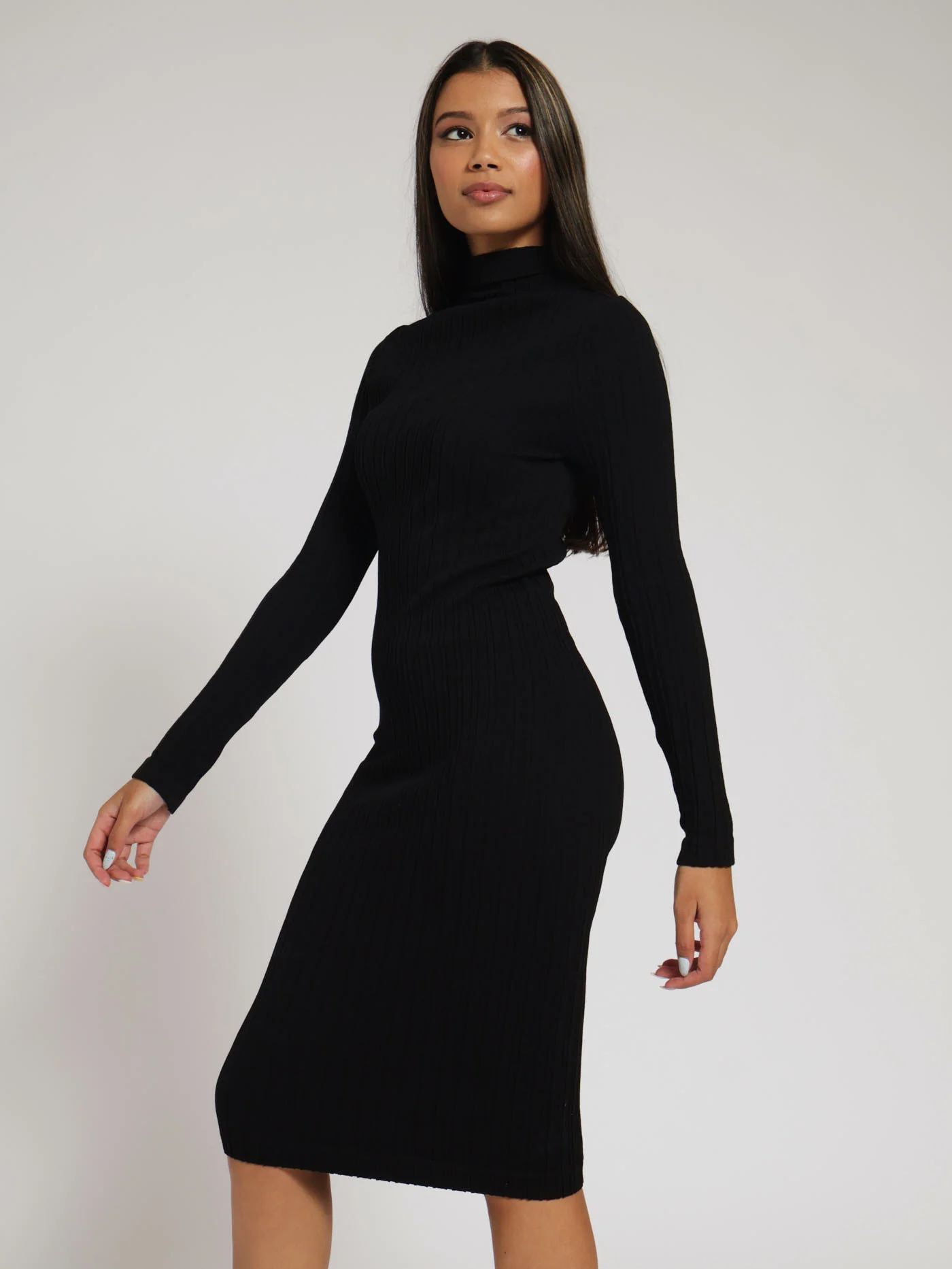 Long Sleeve Seamless Turtle Neck Midi Dress - Black - Image 2