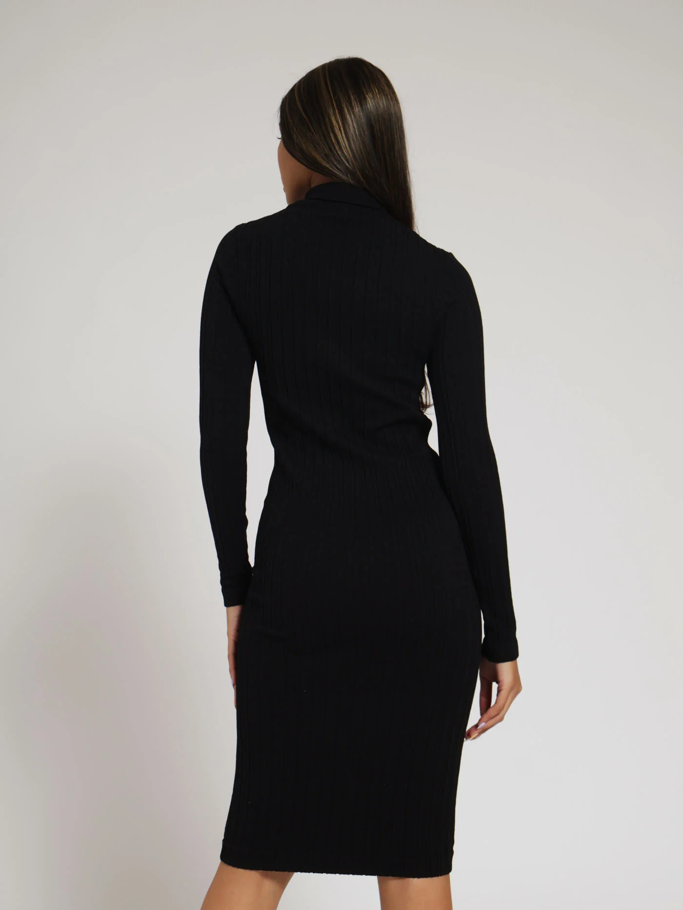 Long Sleeve Seamless Turtle Neck Midi Dress - Black - Image 3