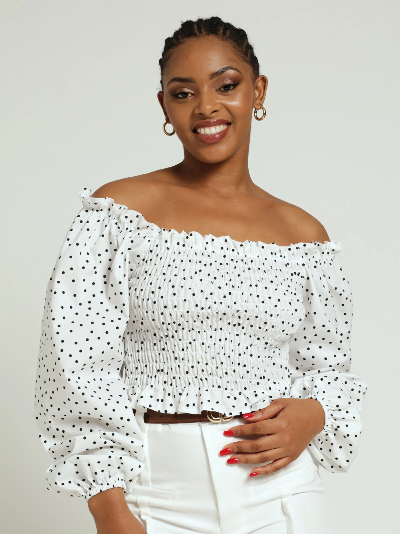 Long Sleeve Shirred Bodice Poplin Top - White/Black