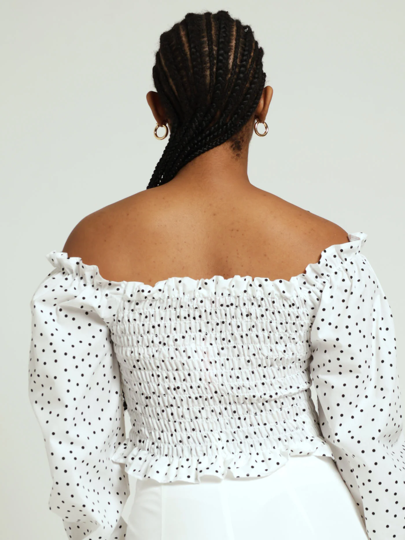 Long Sleeve Shirred Bodice Poplin Top - White/Black - Image 3