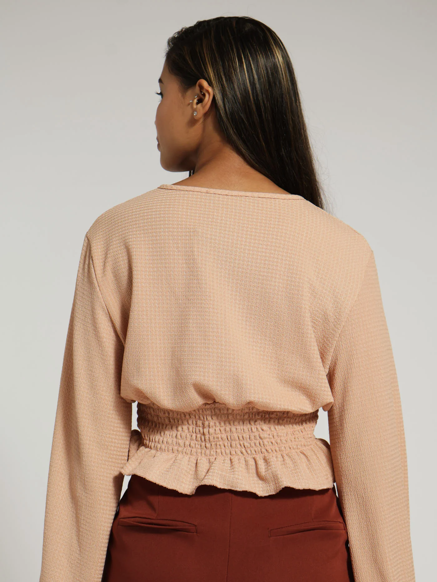 Long Sleeve Shirred Waist Top - Nude - Image 3