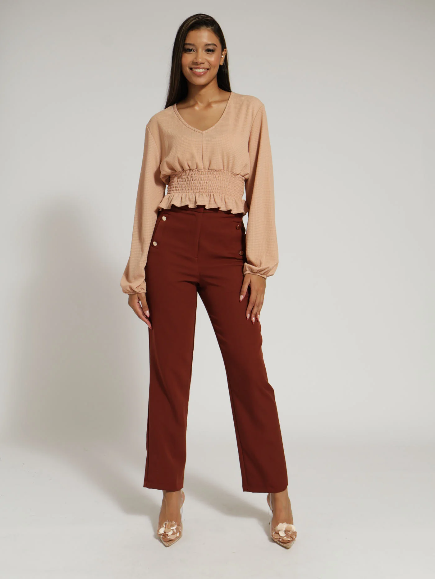 Long Sleeve Shirred Waist Top - Nude - Image 4