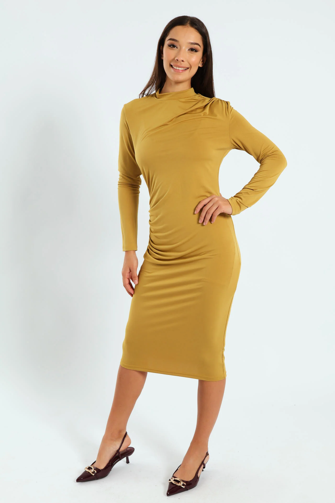 Long Sleeve Shoulder & Side Gauged Midi Dress - Chartreuse