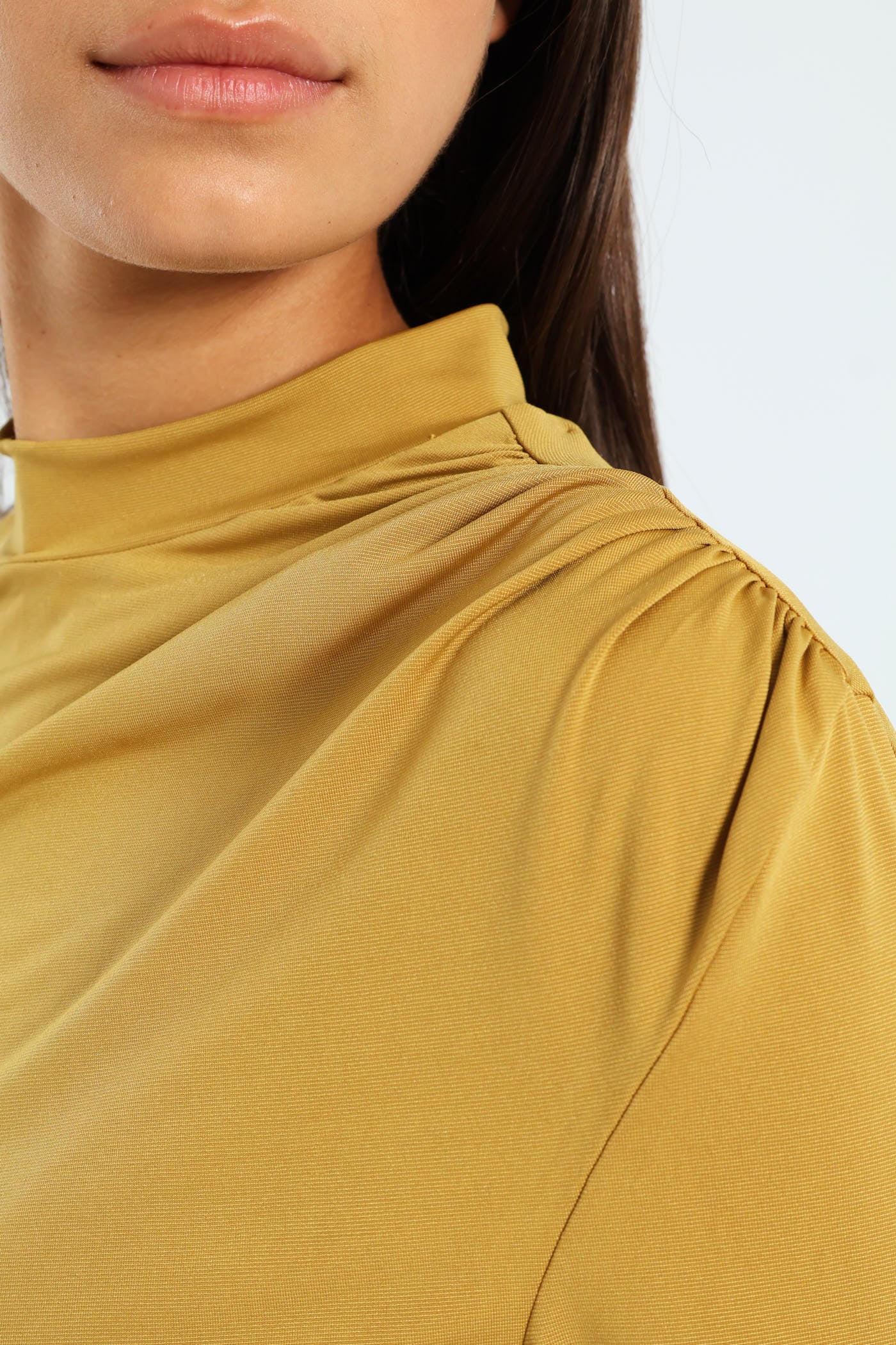 Long Sleeve Shoulder & Side Gauged Midi Dress - Chartreuse - Image 2