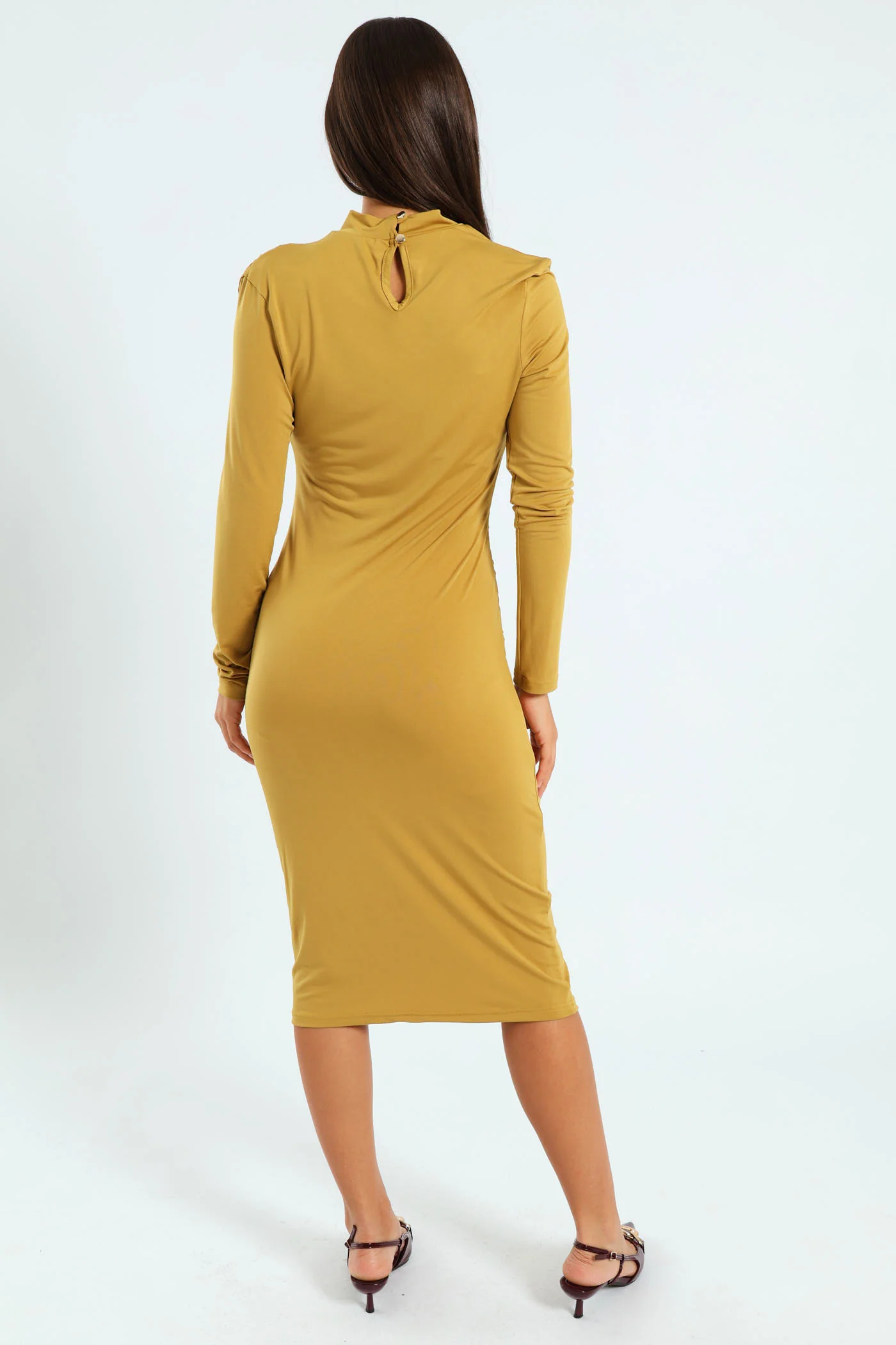 Long Sleeve Shoulder & Side Gauged Midi Dress - Chartreuse - Image 5