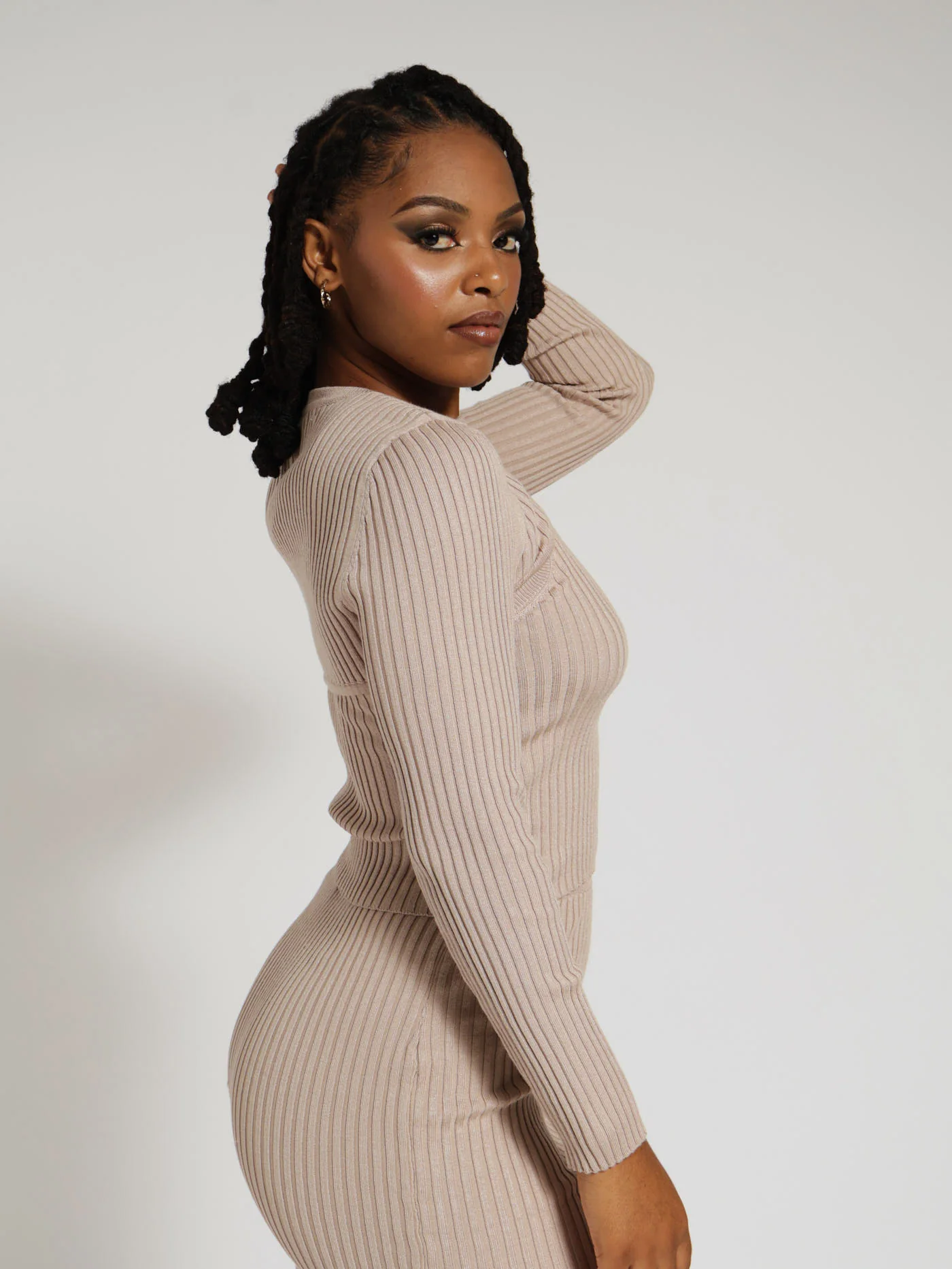 Long Sleeve Shrug Knitwear Top - Stone - Image 2
