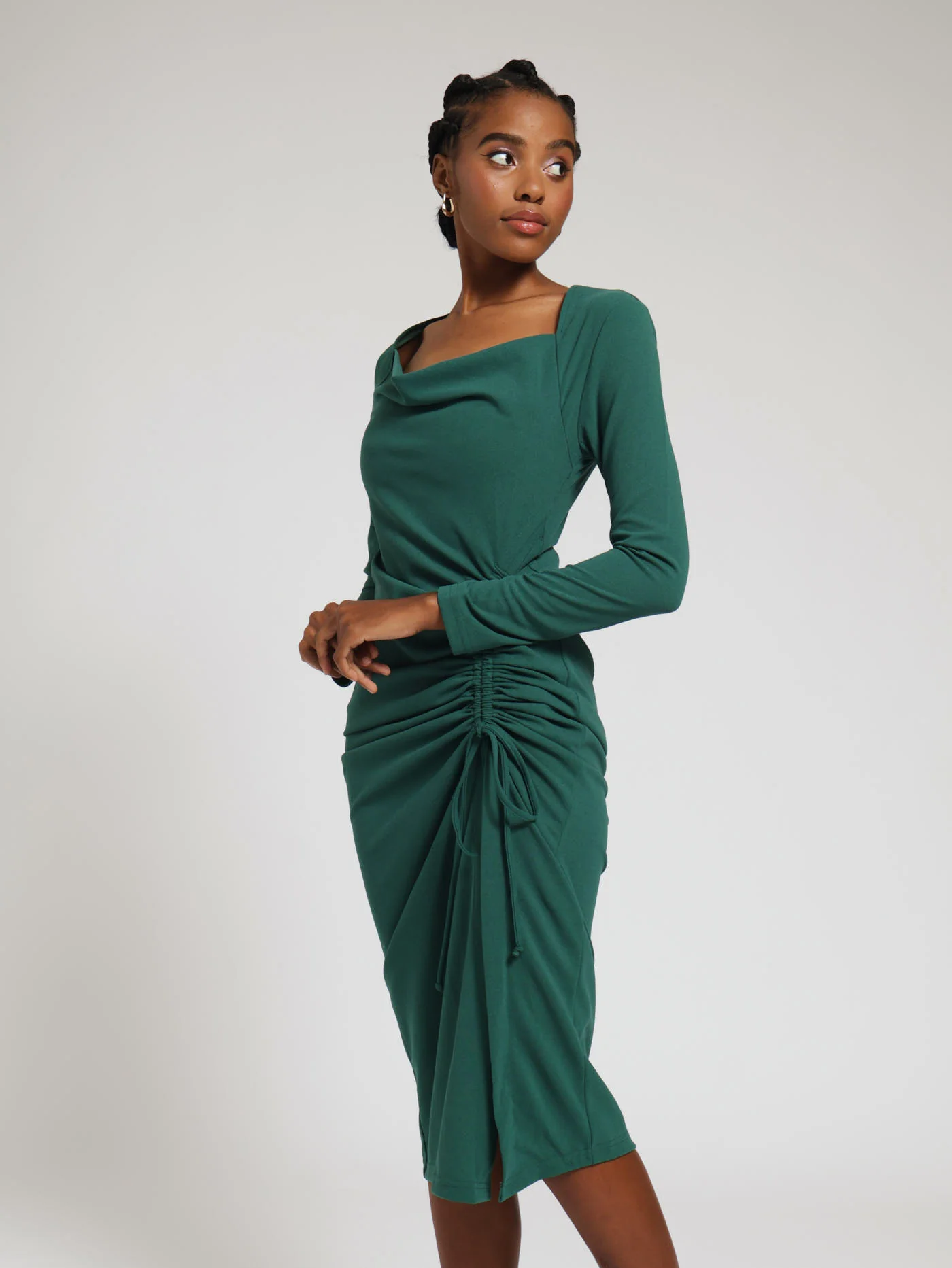 Long Sleeve Side Gauged Cowl Slip Dress - Teal - Image 2