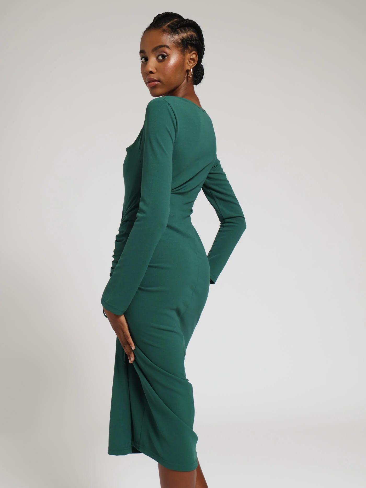 Long Sleeve Side Gauged Cowl Slip Dress - Teal - Image 3