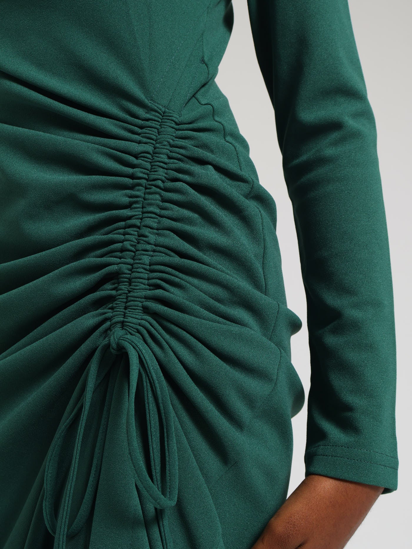 Long Sleeve Side Gauged Cowl Slip Dress - Teal - Image 4