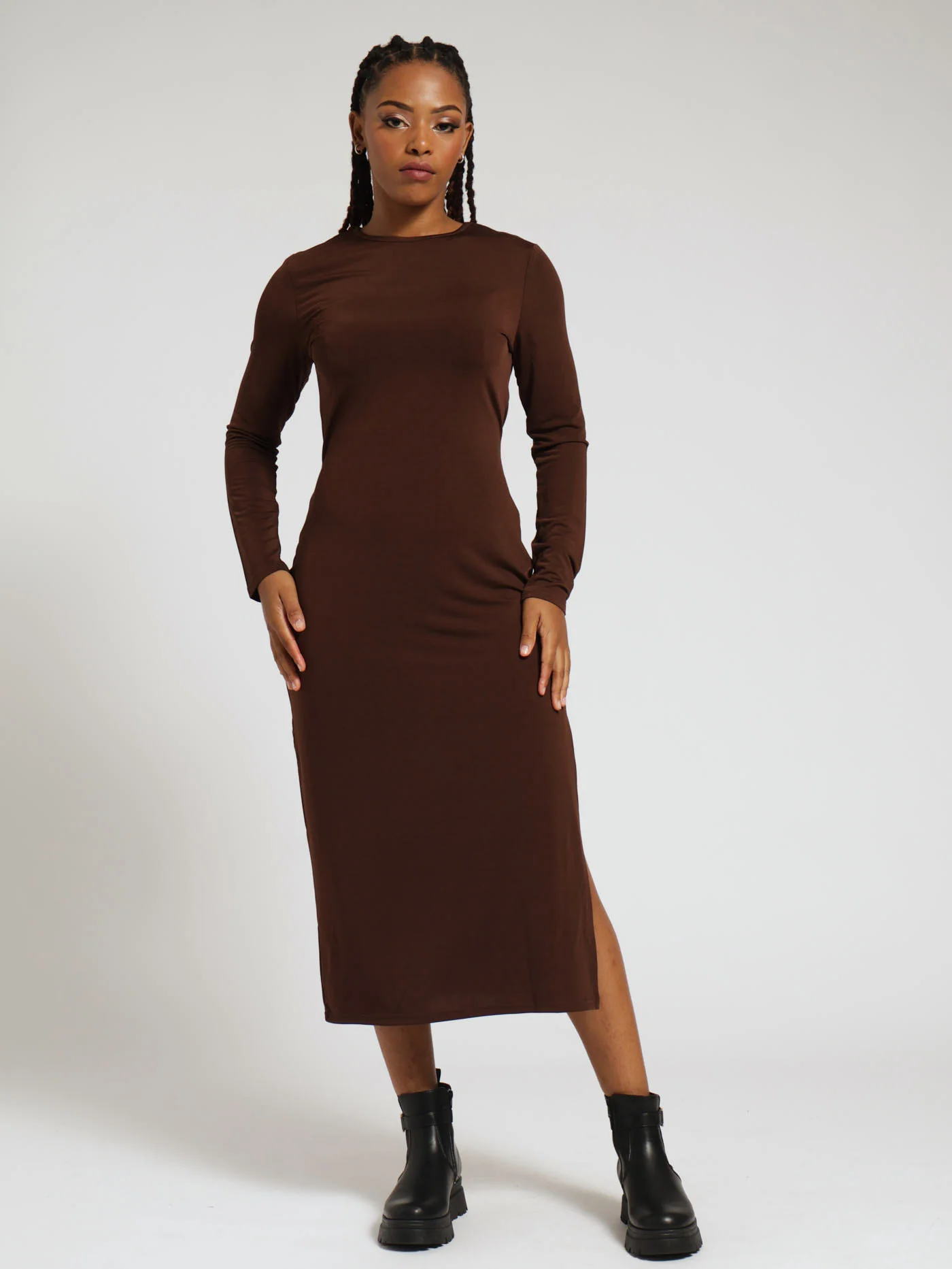 Long Sleeve Slinky Basic Side Slit Midi Dress - Brown