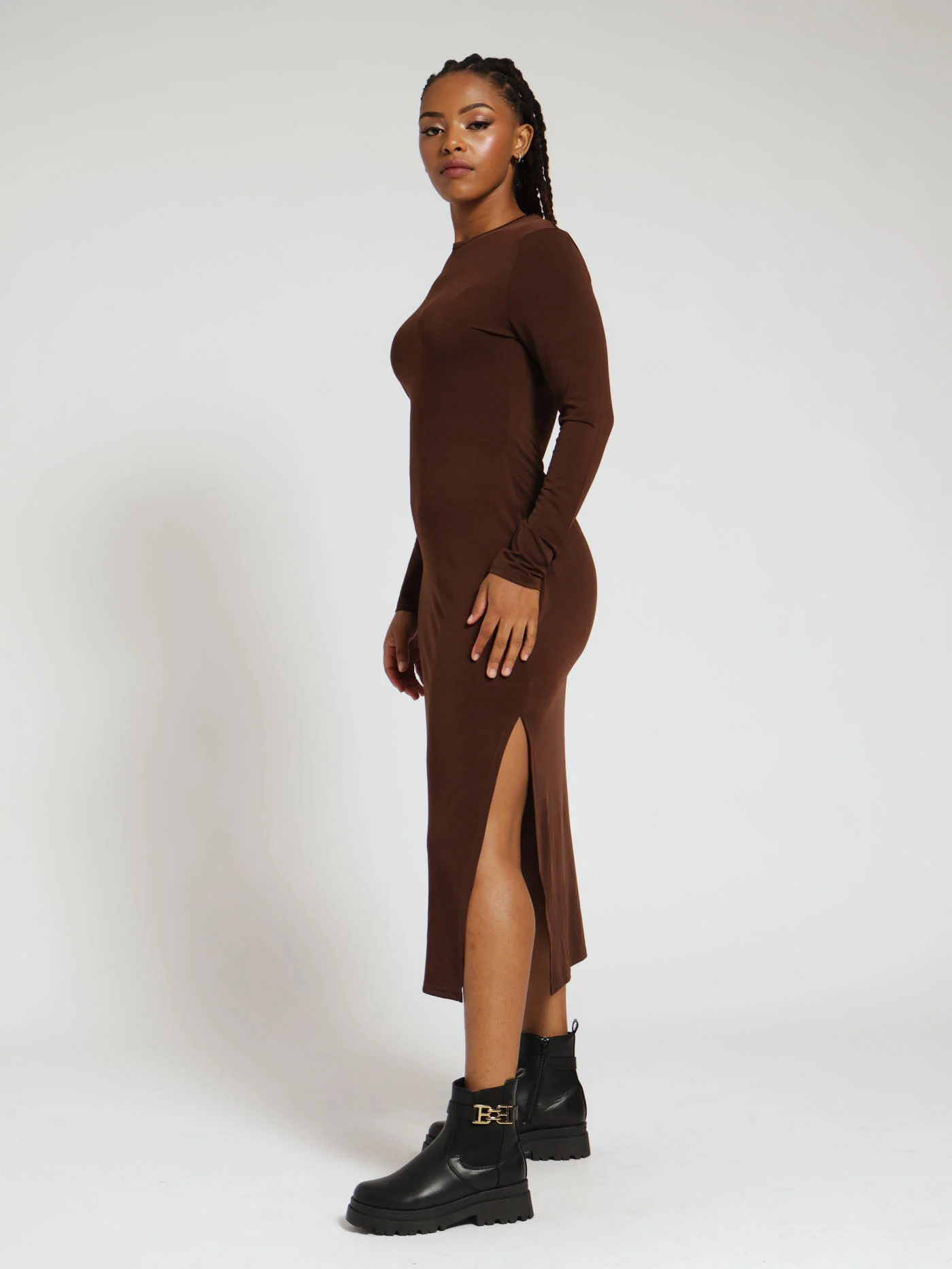 Long Sleeve Slinky Basic Side Slit Midi Dress - Brown - Image 2