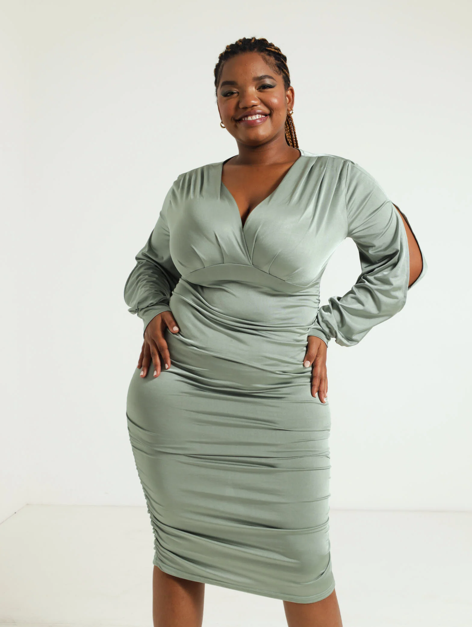 Long Sleeve Slinky Dress With Arm Cutout Detail