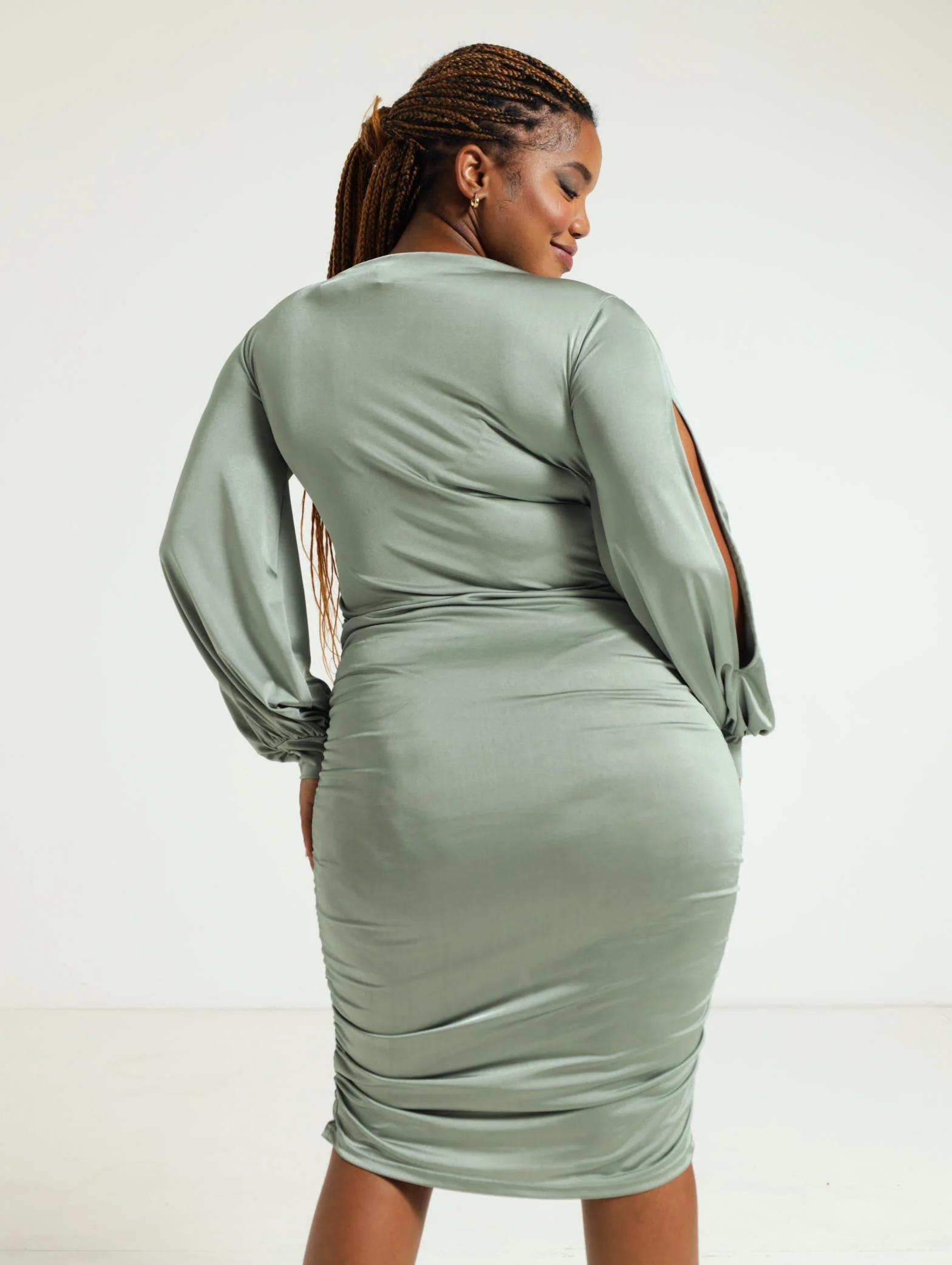 Long Sleeve Slinky Dress With Arm Cutout Detail - Image 3
