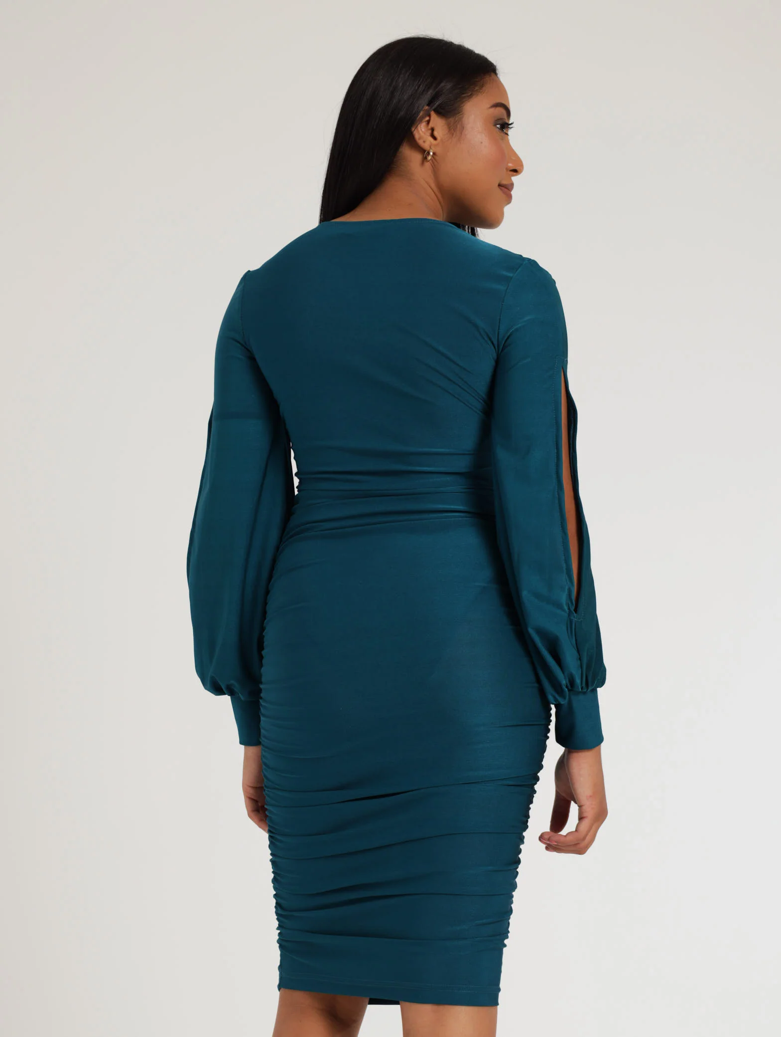 Long Sleeve Slinky Dress With Cut Out Arm Detail - Teal - Image 4