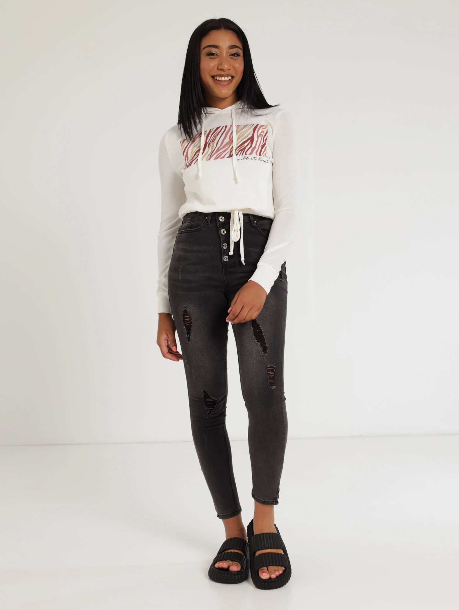 Long Sleeve Slogan Hoody - Cream - Image 2