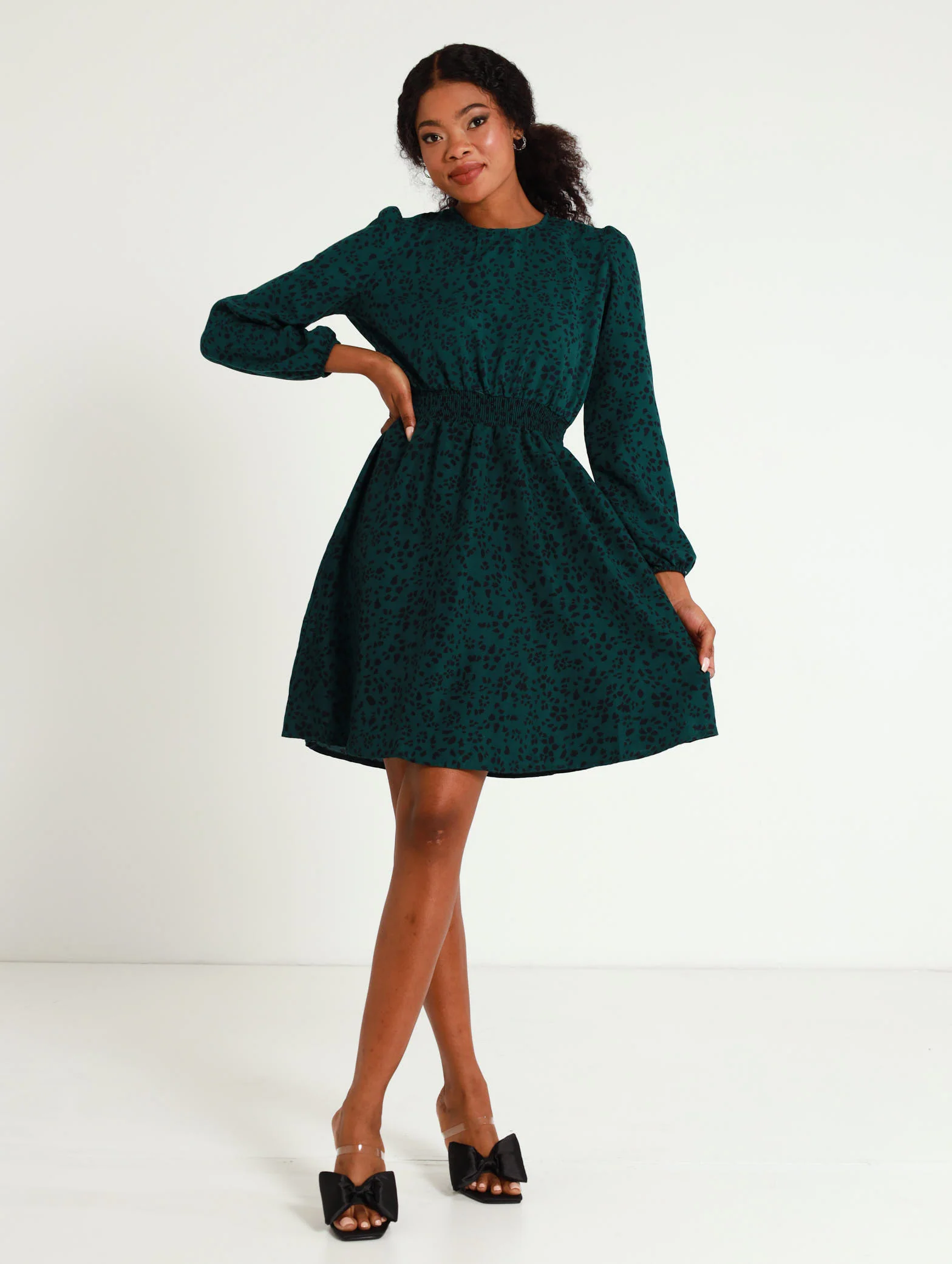 Long Sleeve Shirred Waist Spotted Mini Dress - Image 2