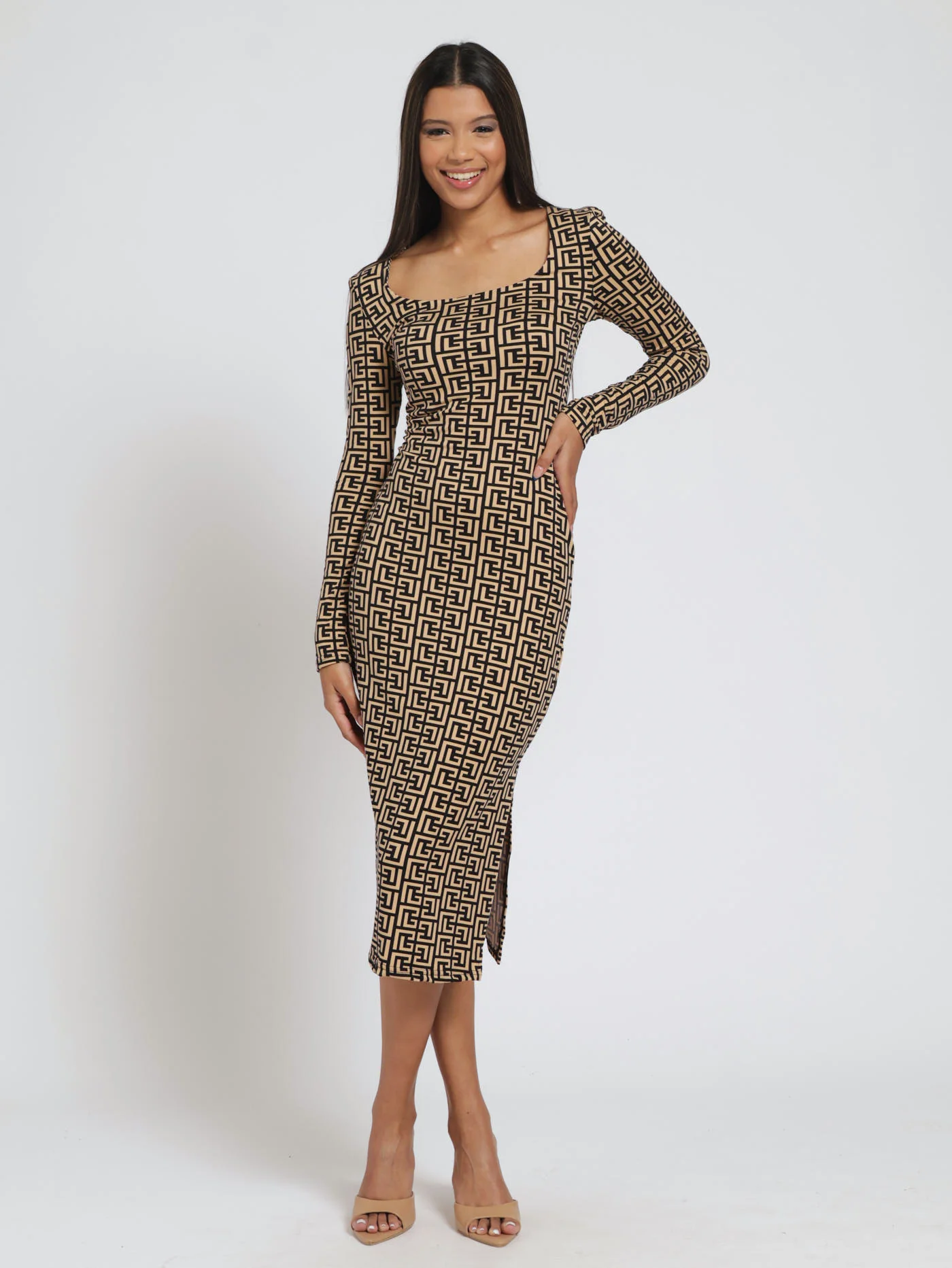 Long Sleeve Square Neck Figure Hugging Midi Dress