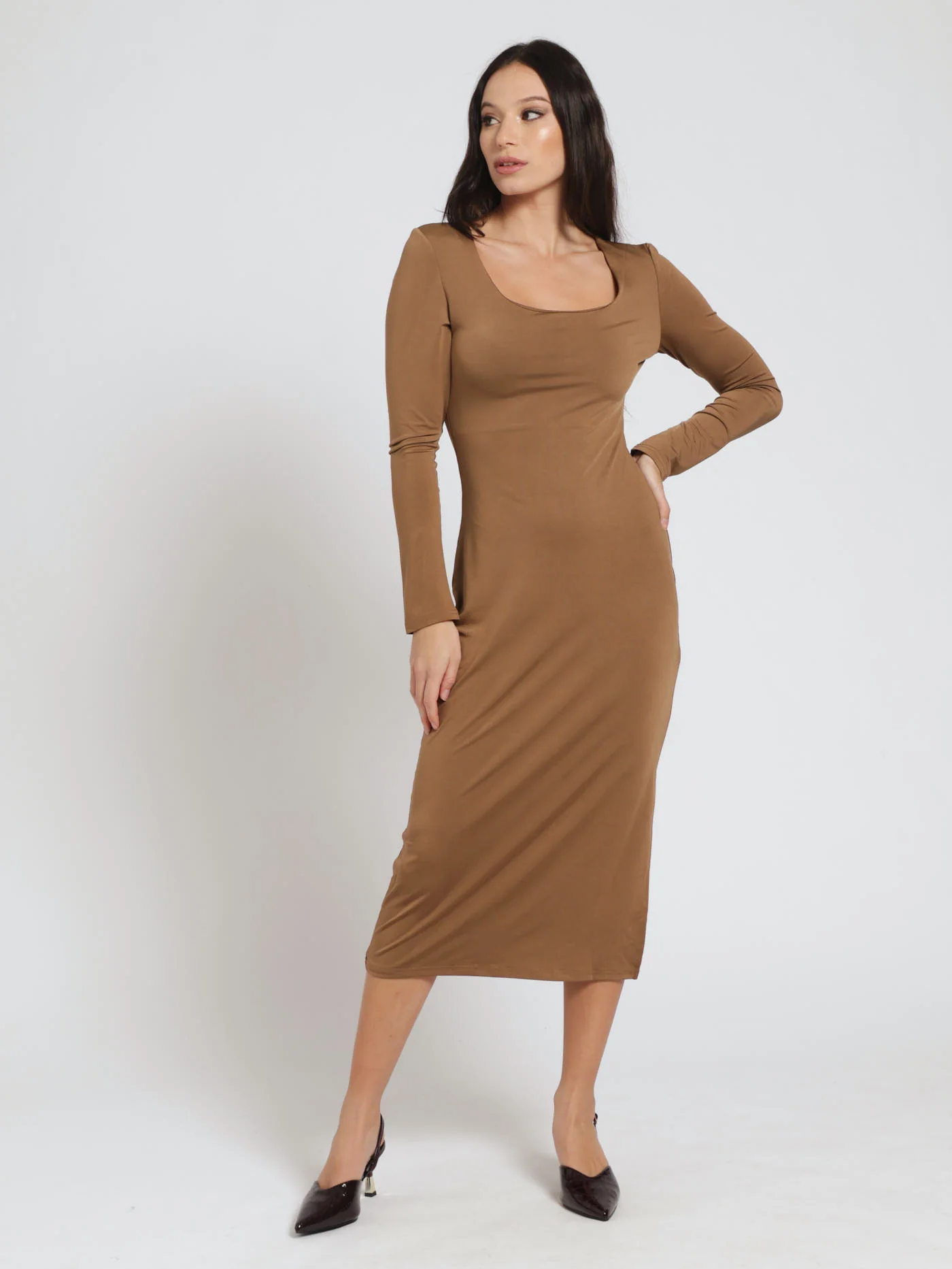 Long Sleeve Square Neck Figure Hugging Midi Dress - Mocha