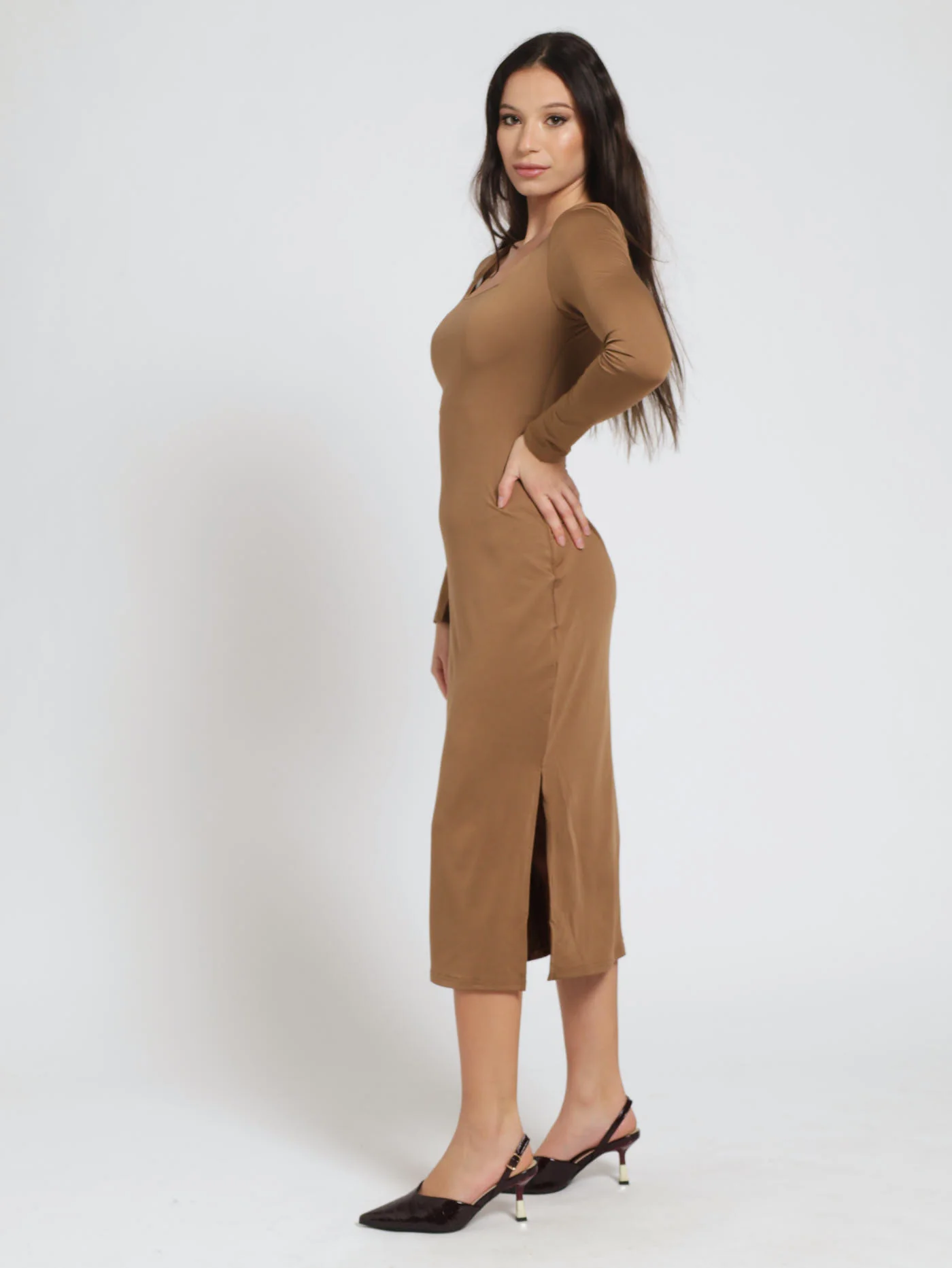 Long Sleeve Square Neck Figure Hugging Midi Dress - Mocha - Image 2