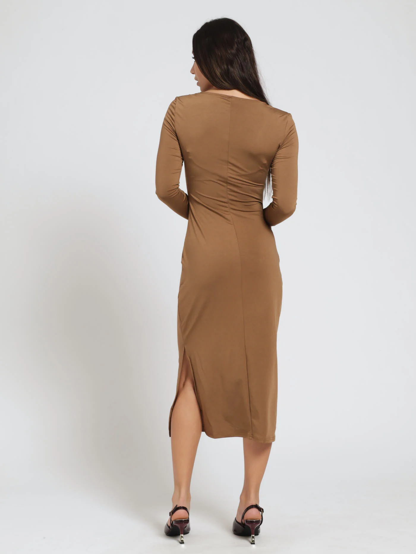 Long Sleeve Square Neck Figure Hugging Midi Dress - Mocha - Image 3