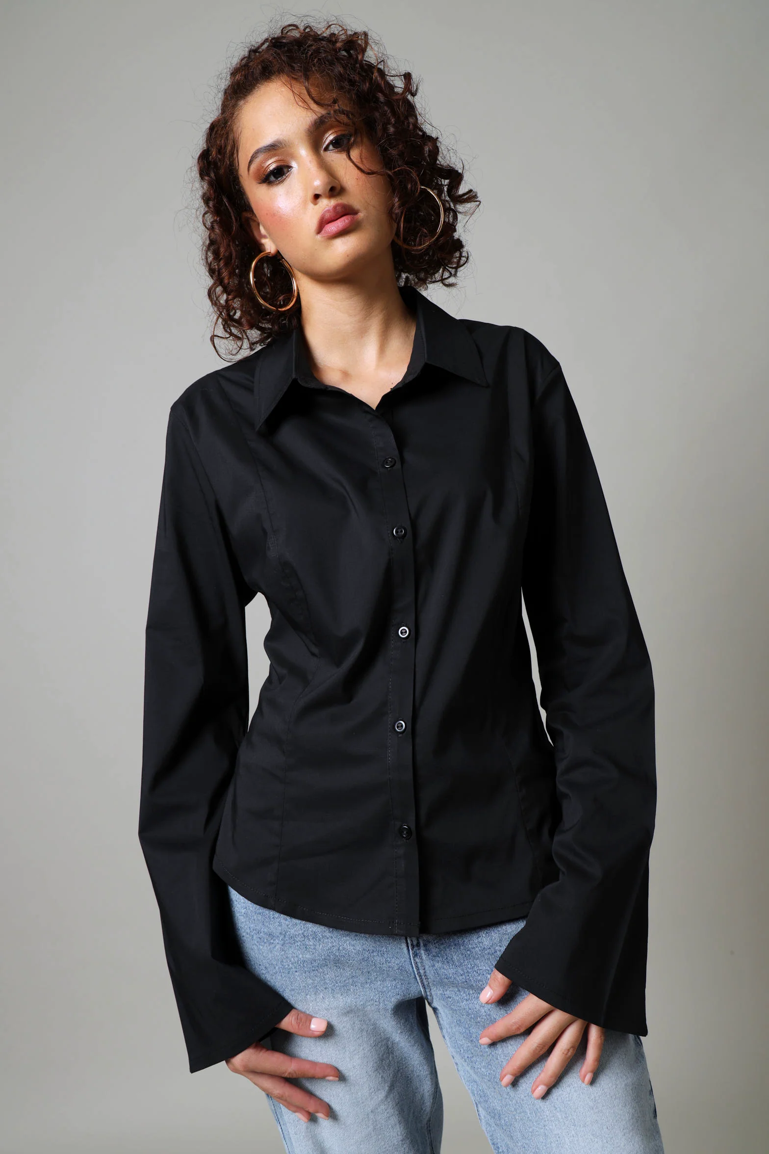 Long Sleeve Stretch Poplin Shirt - Black