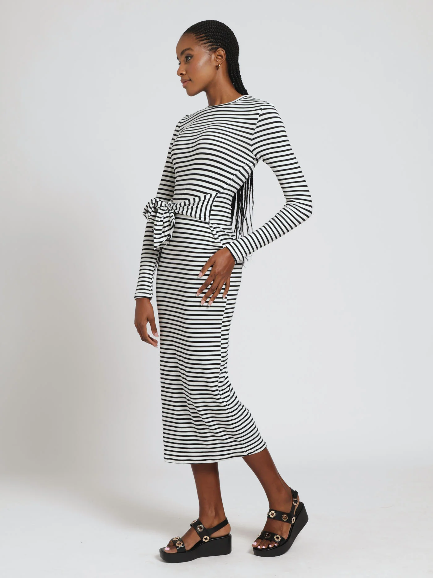 Long Sleeve Stripe Belted Bodycon Dress - Black/White - Image 2