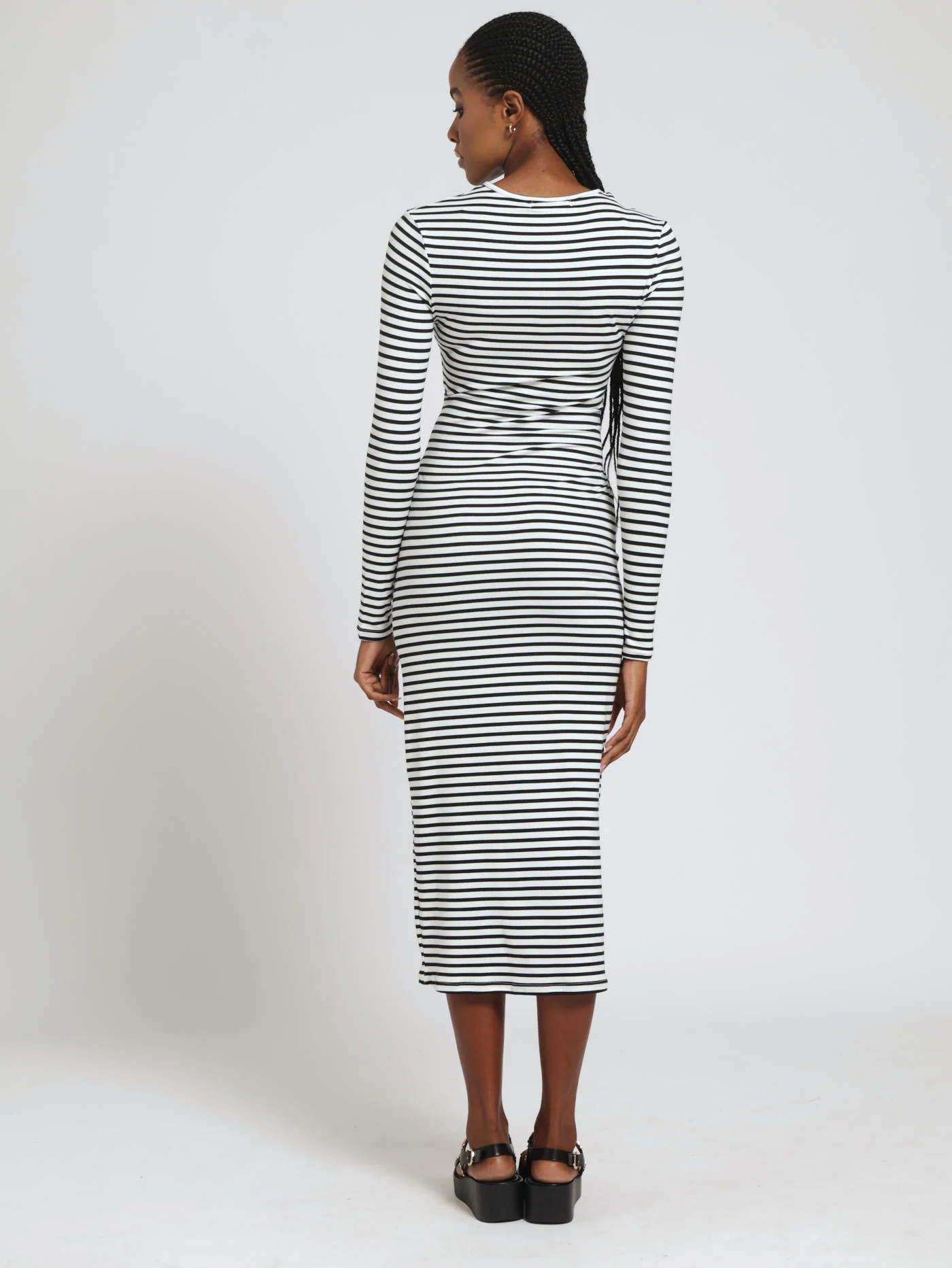 Long Sleeve Stripe Belted Bodycon Dress - Black/White - Image 3