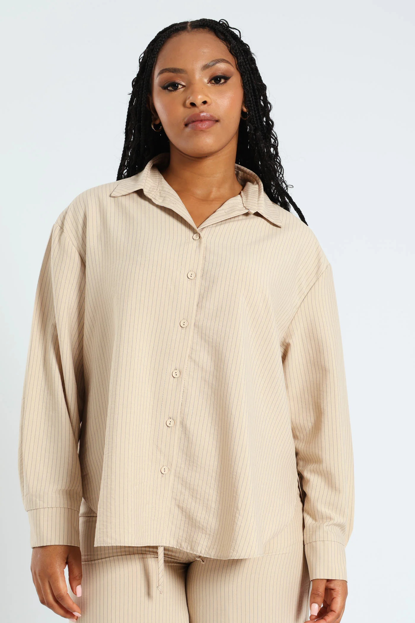 Long Sleeve Stripe Drapey Shirt - Stone