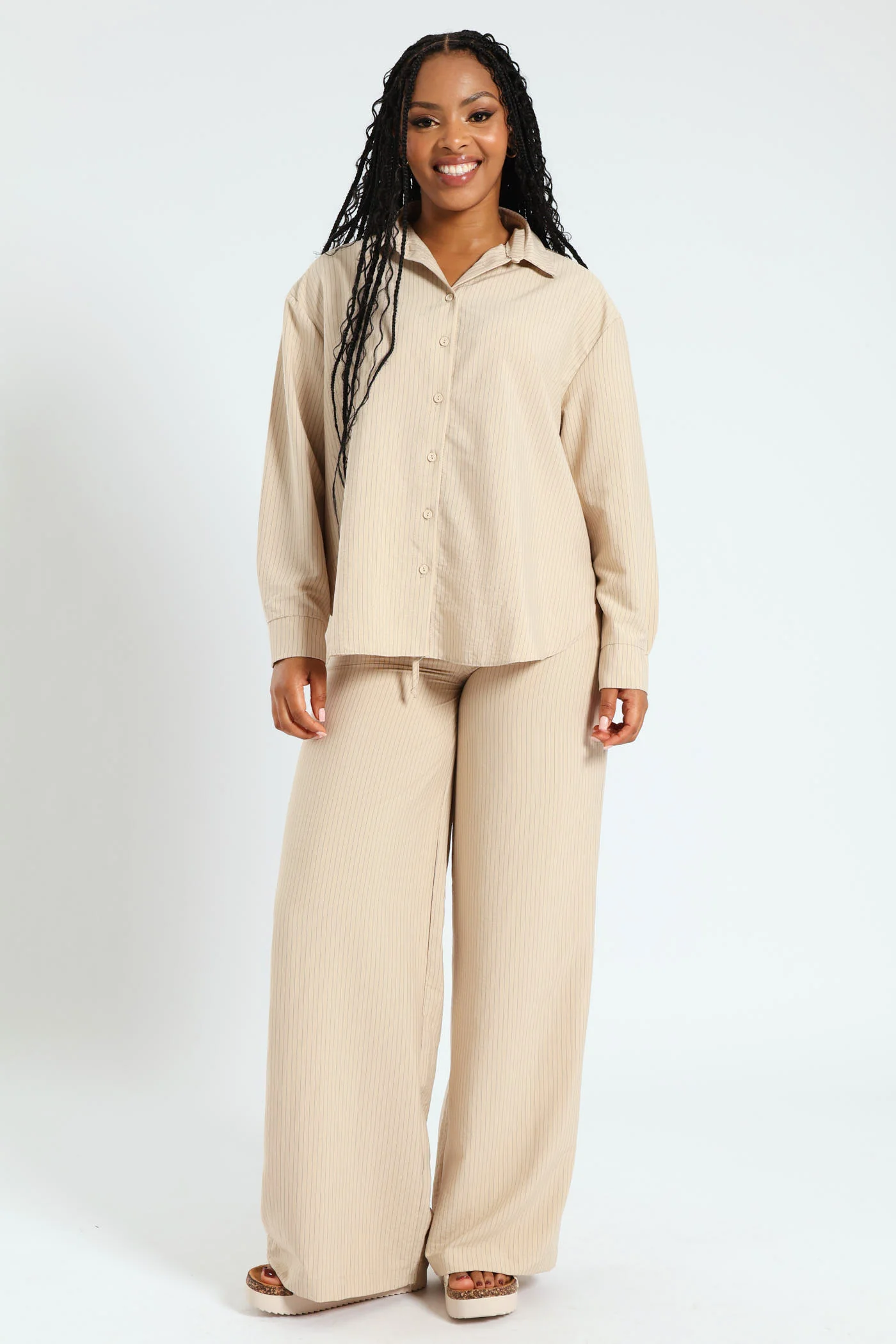 Long Sleeve Stripe Drapey Shirt - Stone - Image 2