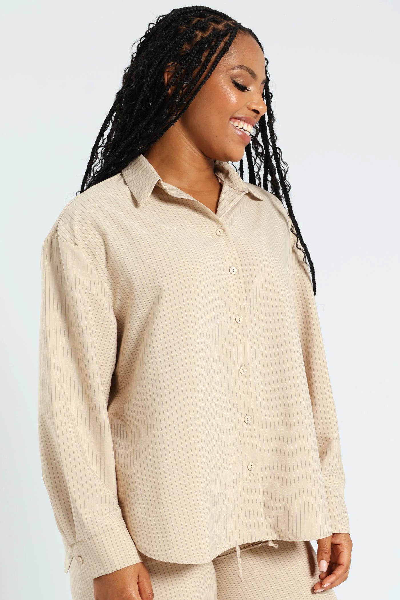 Long Sleeve Stripe Drapey Shirt - Stone - Image 6