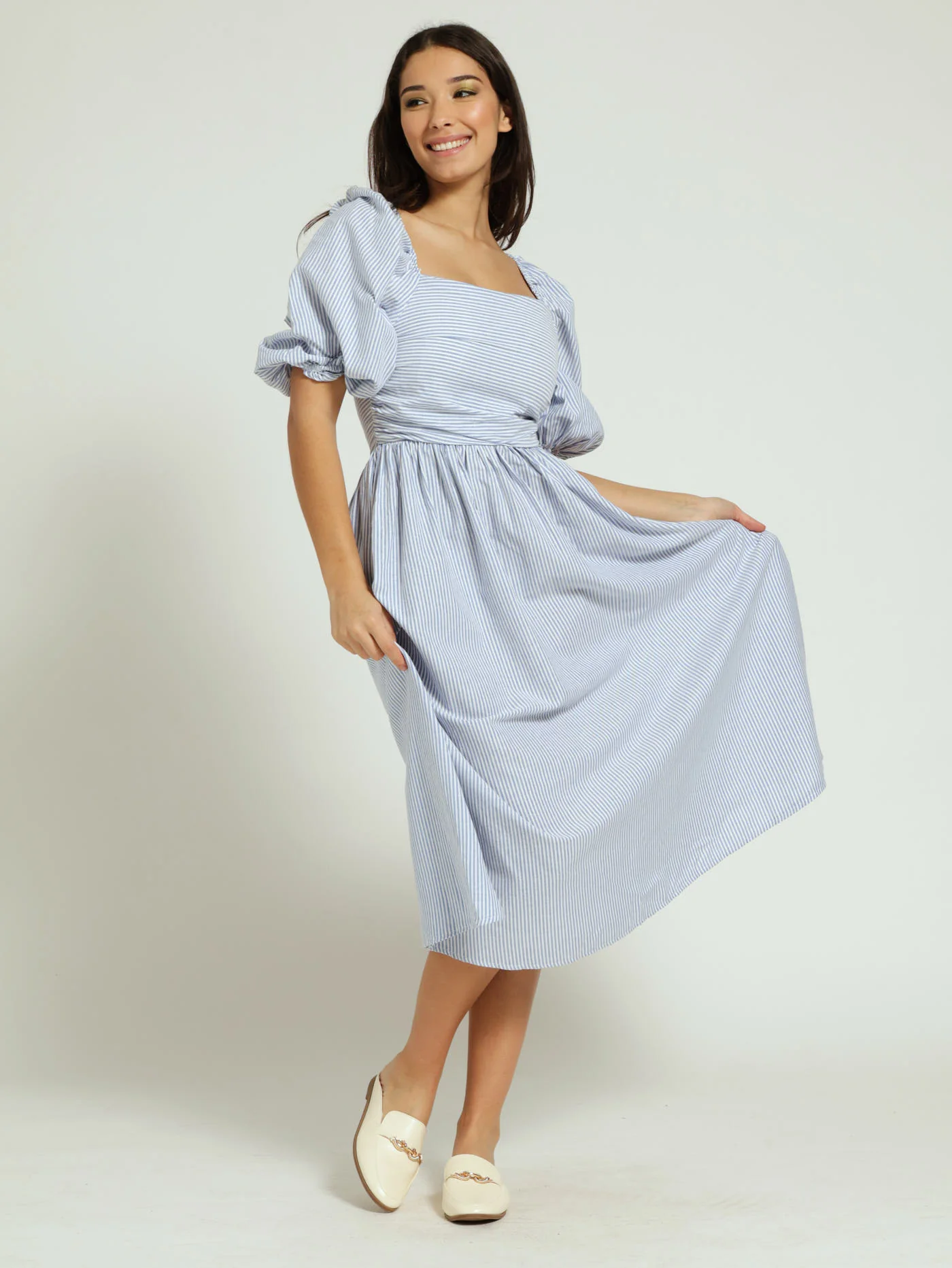 Long Sleeve Stripe Poplin Shirt Dress - White/Blue - Image 2