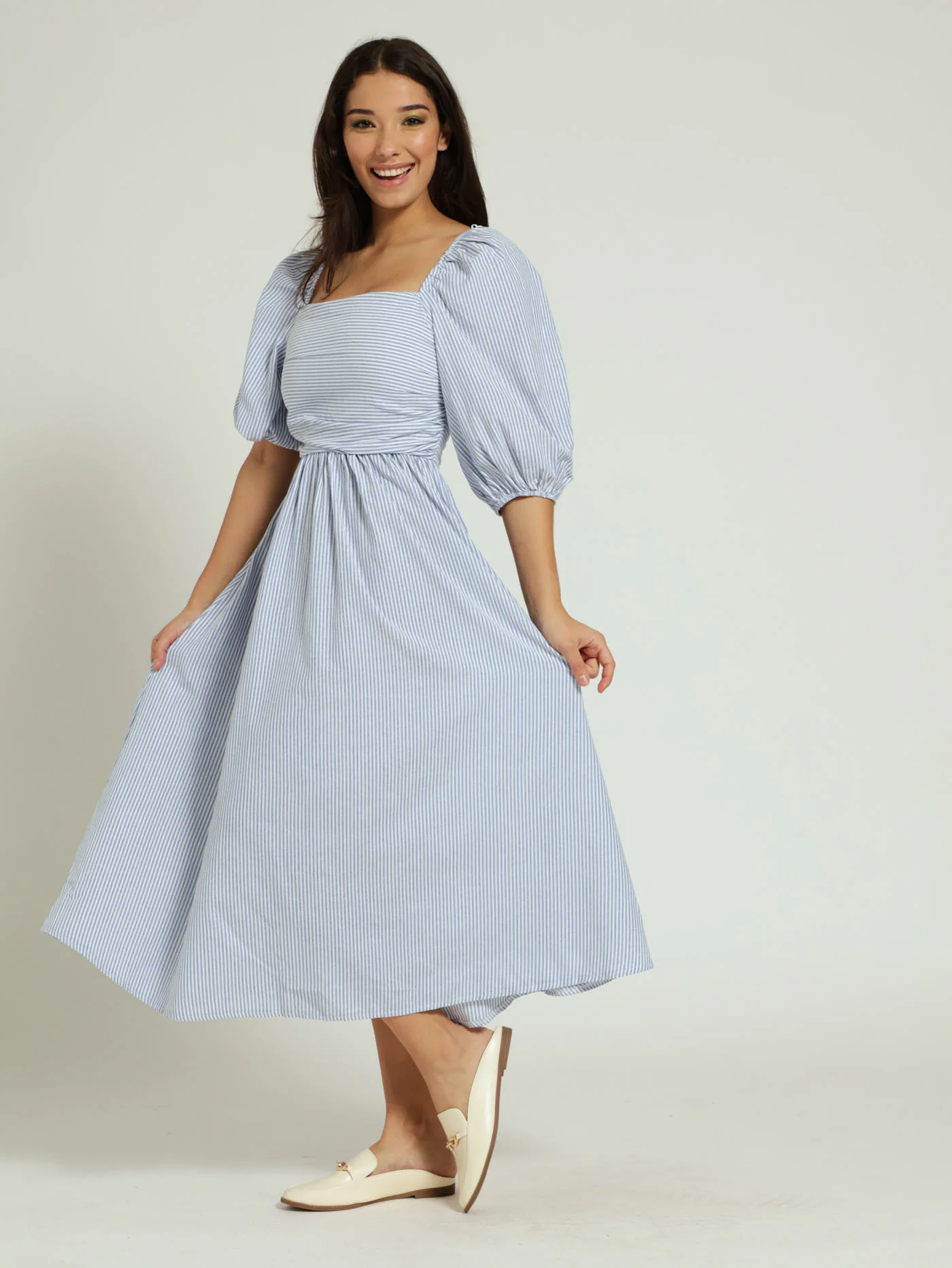 Long Sleeve Stripe Poplin Shirt Dress - White/Blue - Image 3