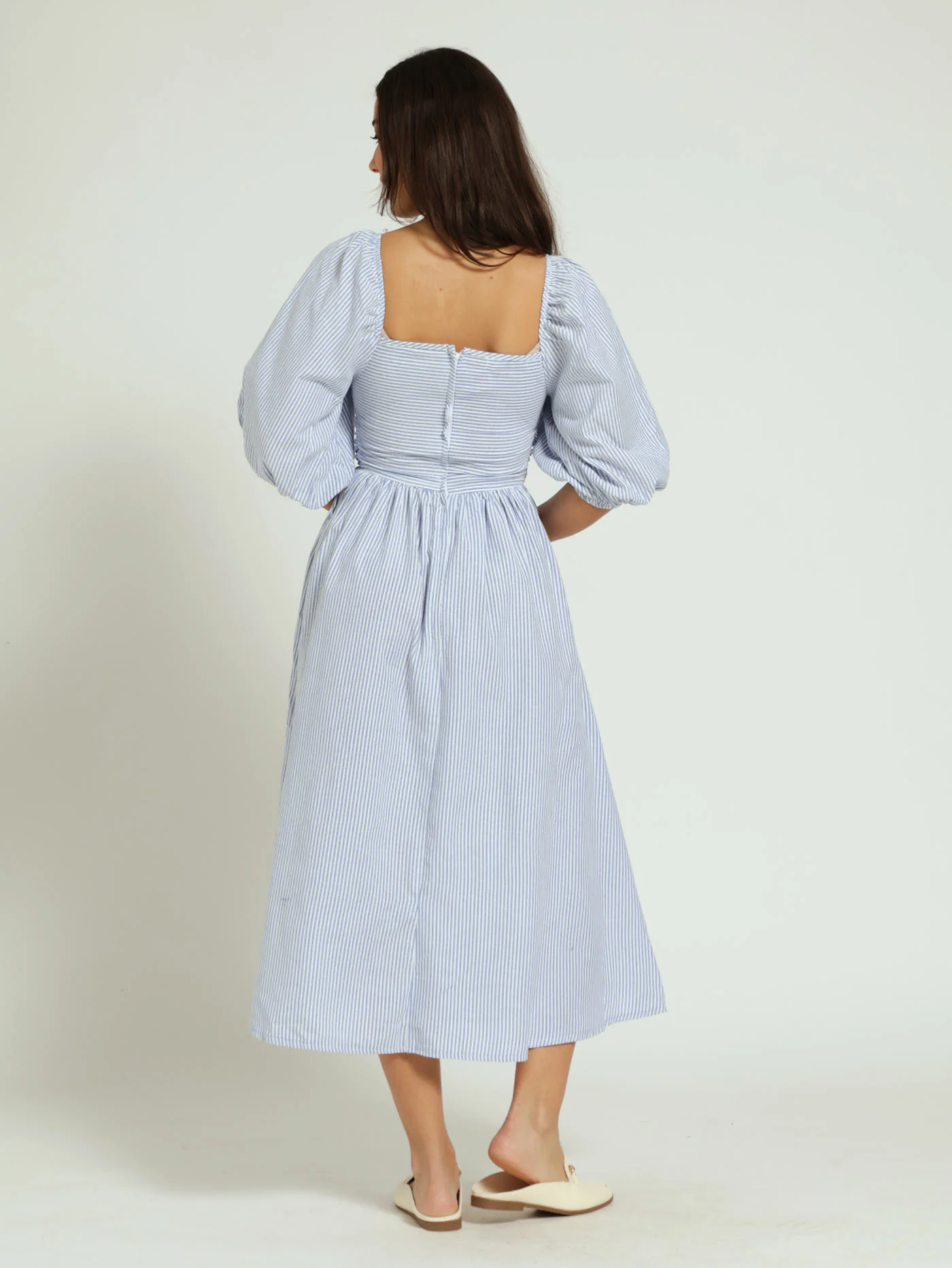 Long Sleeve Stripe Poplin Shirt Dress - White/Blue - Image 4
