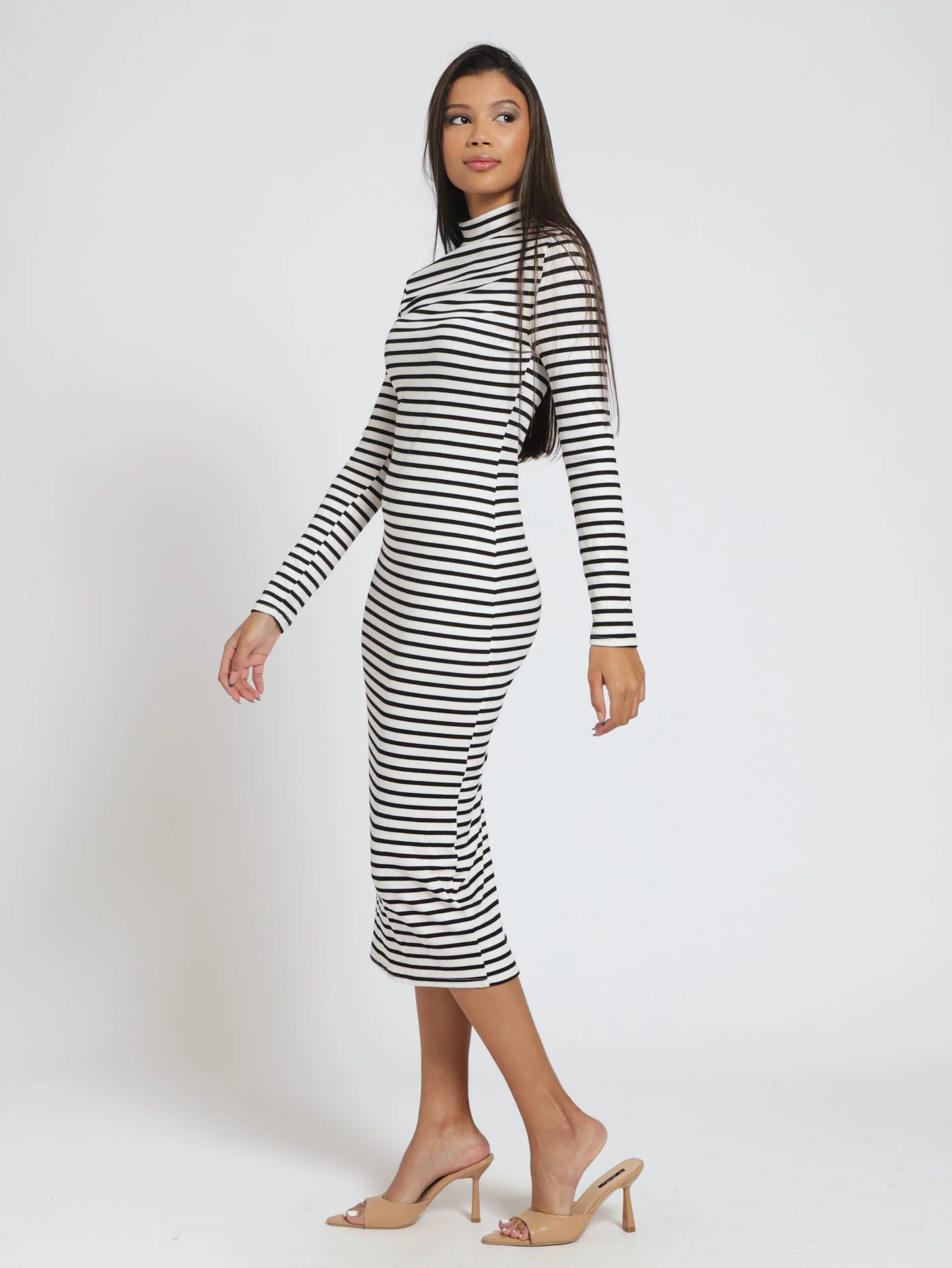 Long Sleeve Stripe Rib Turtle Neck Midaxi Dress - White/Black - Image 2