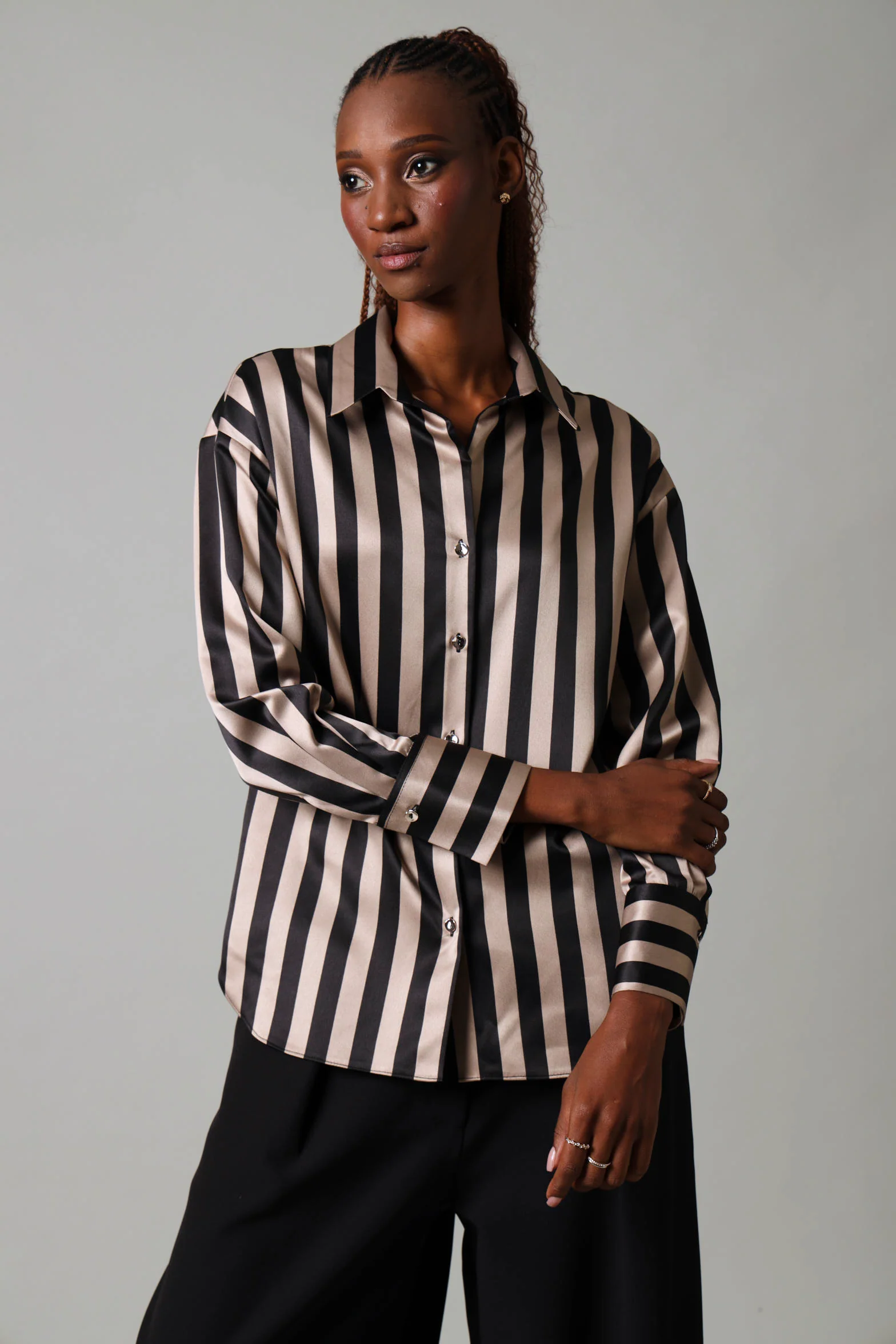 Long Sleeve  Stripe Satin Shirt- Beige/Black